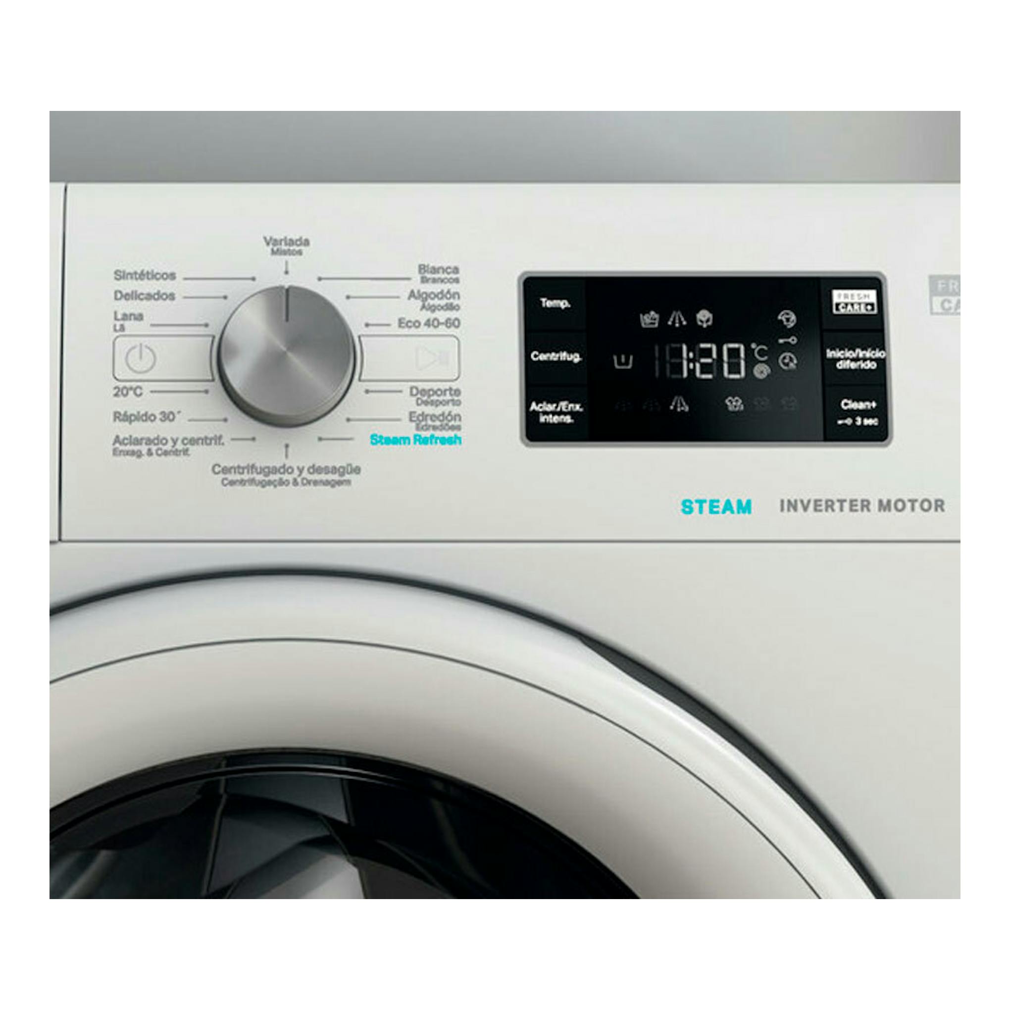 Lavadora Whirlpool FFB9489WVSPT blanca, vista frontal del panel con selector y pantalla digital.