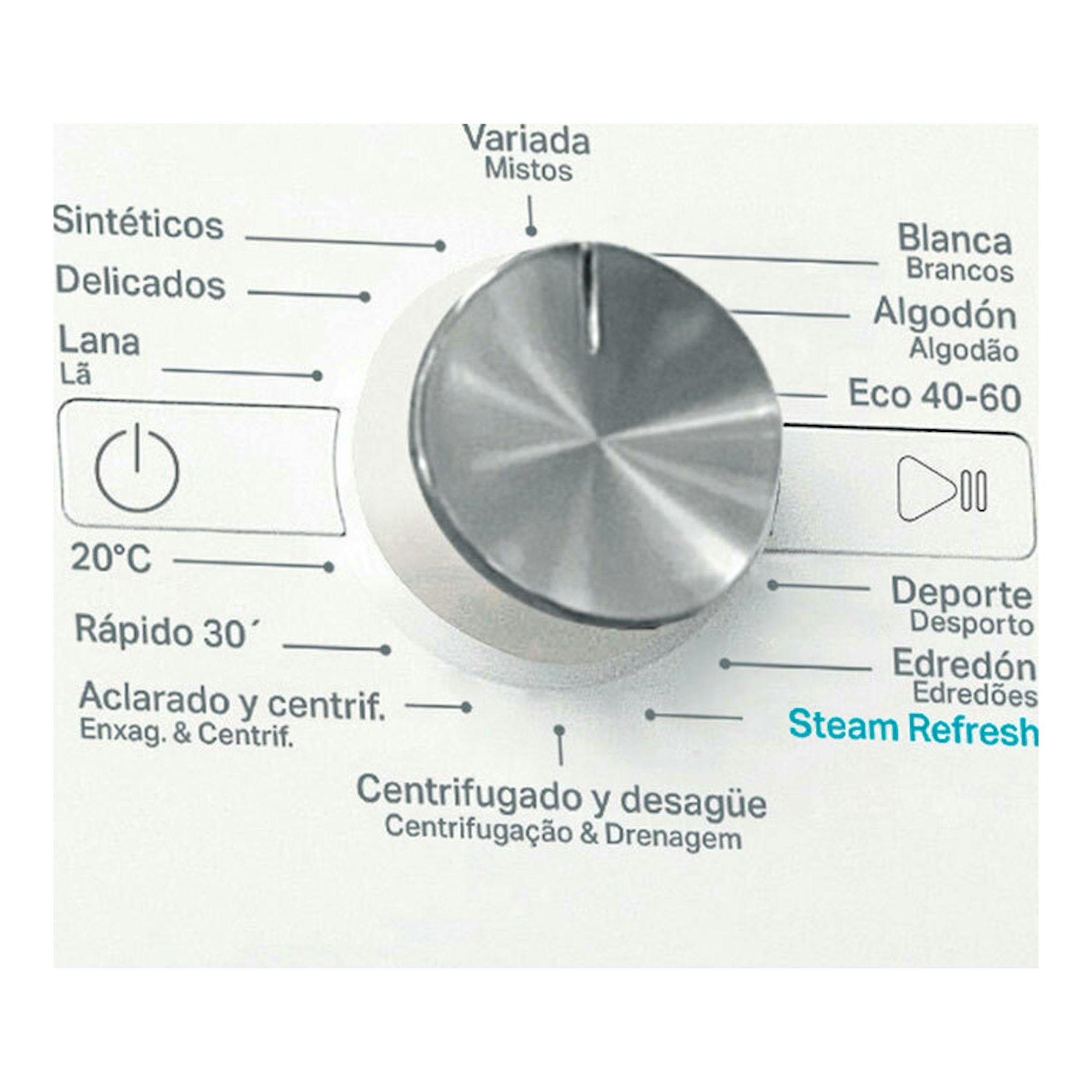 Whirlpool FFB9489WVSPT: primer plano frontal del selector de programas de una lavadora blanca, con mando plateado.
