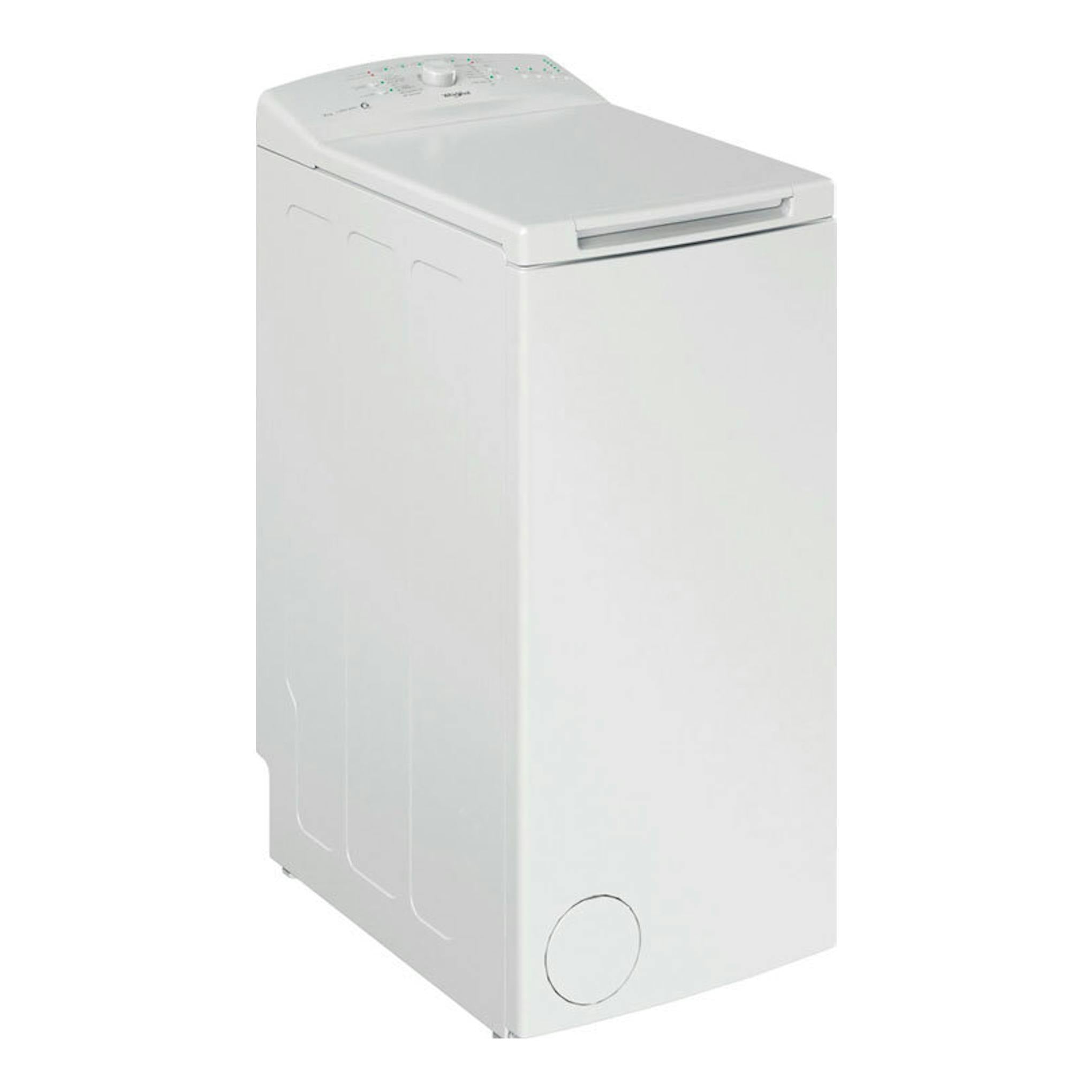 Lavadora Whirlpool TDLR7220LSSPN blanca, vista frontal en ángulo, con carga superior.