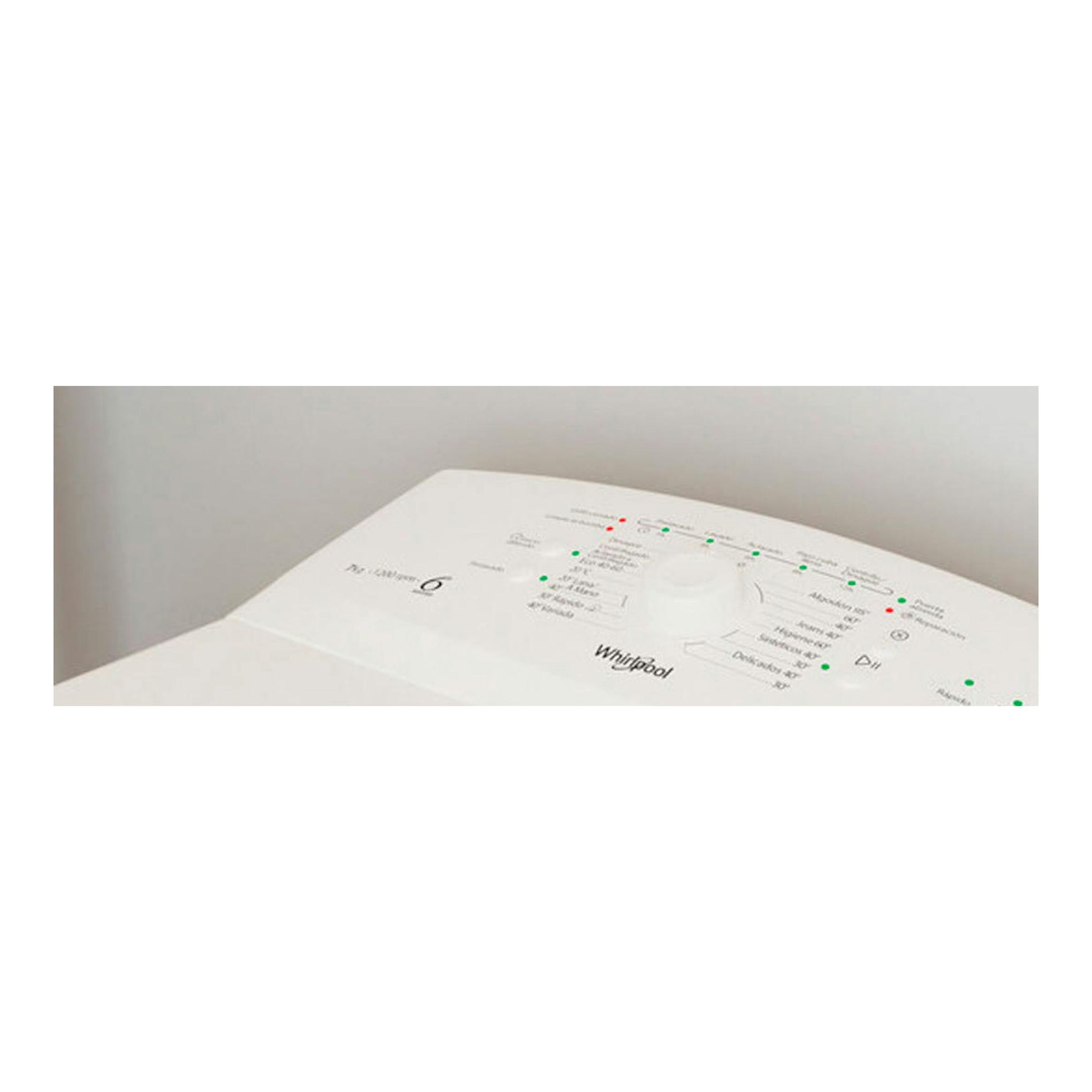 Lavadora Whirlpool TDLR7220LSSPN blanca, vista superior parcial del panel de control.