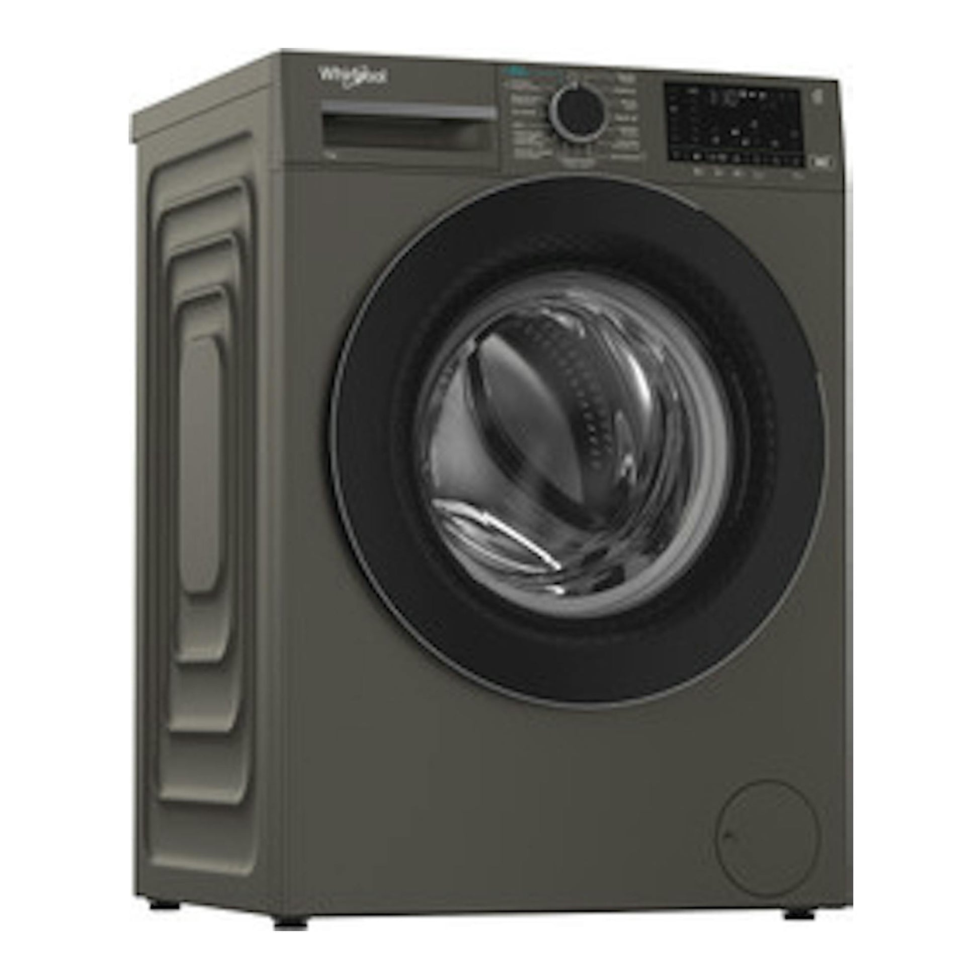 Lavadora Whirlpool WAM 07GB SPT gris, vista frontal, con puerta circular negra y panel superior.