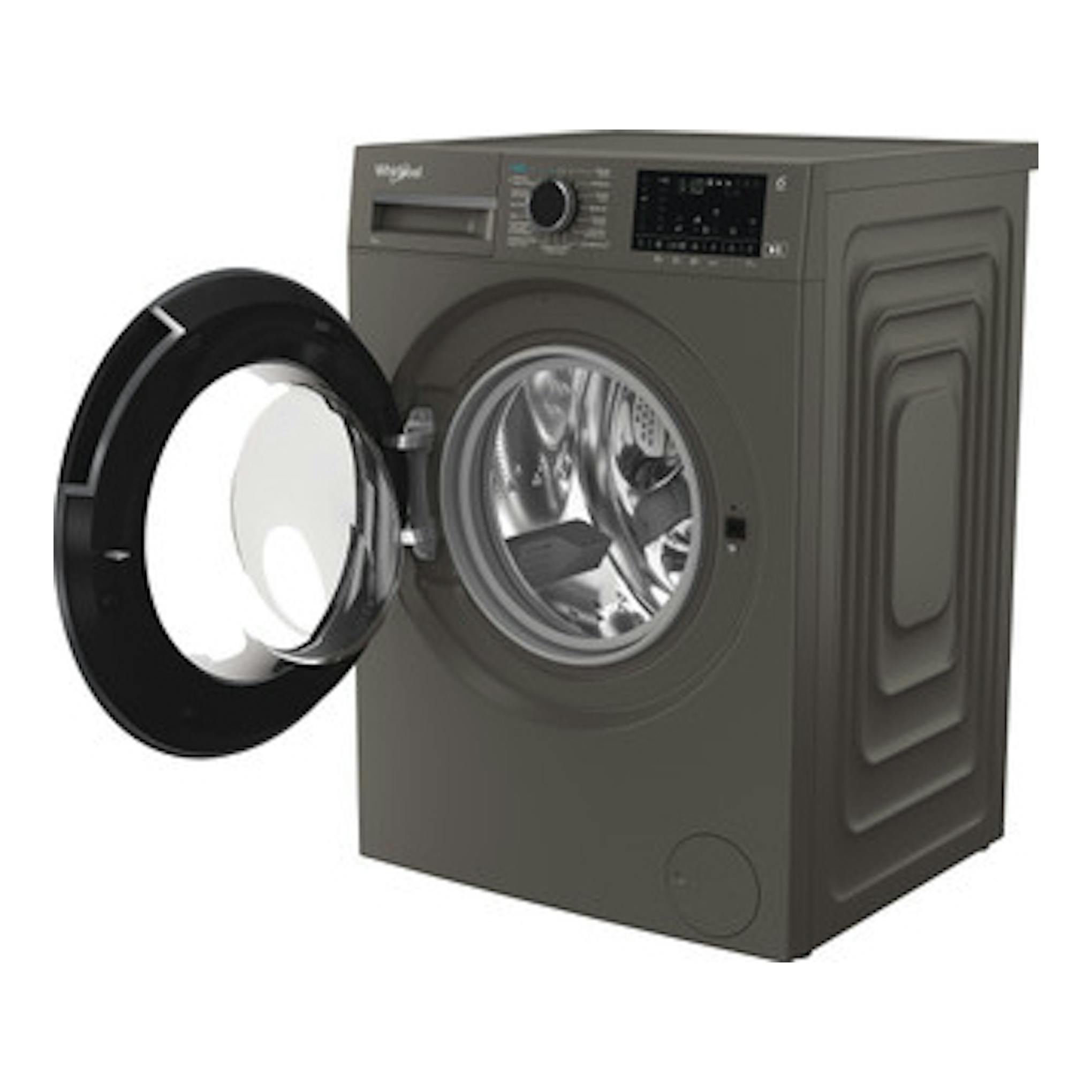 Lavadora Whirlpool WAM 07GB SPT gris oscuro, vista frontal en tres cuartos, con la puerta abierta.