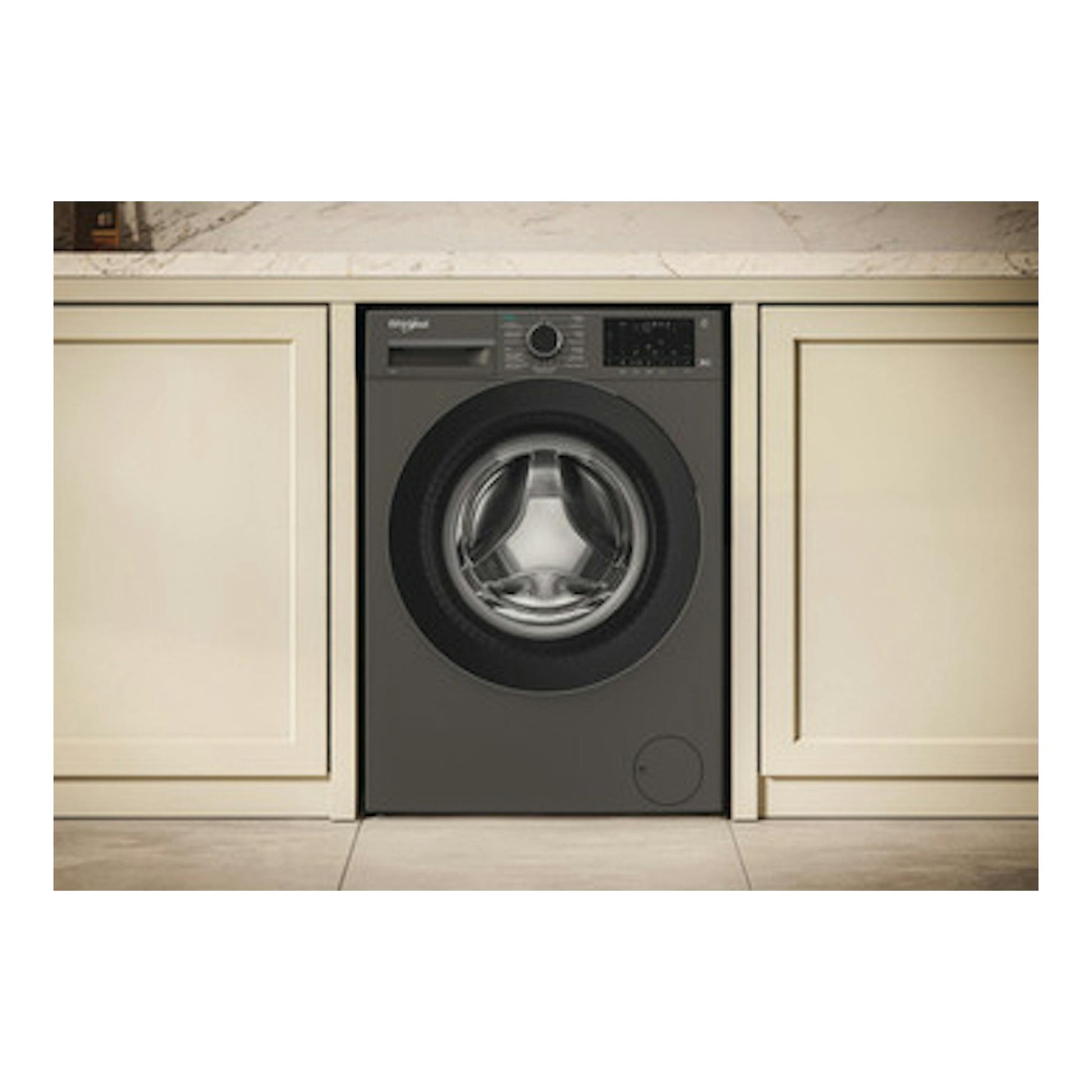 Lavadora Whirlpool WAM 07GB SPT gris, vista frontal empotrada bajo encimera.