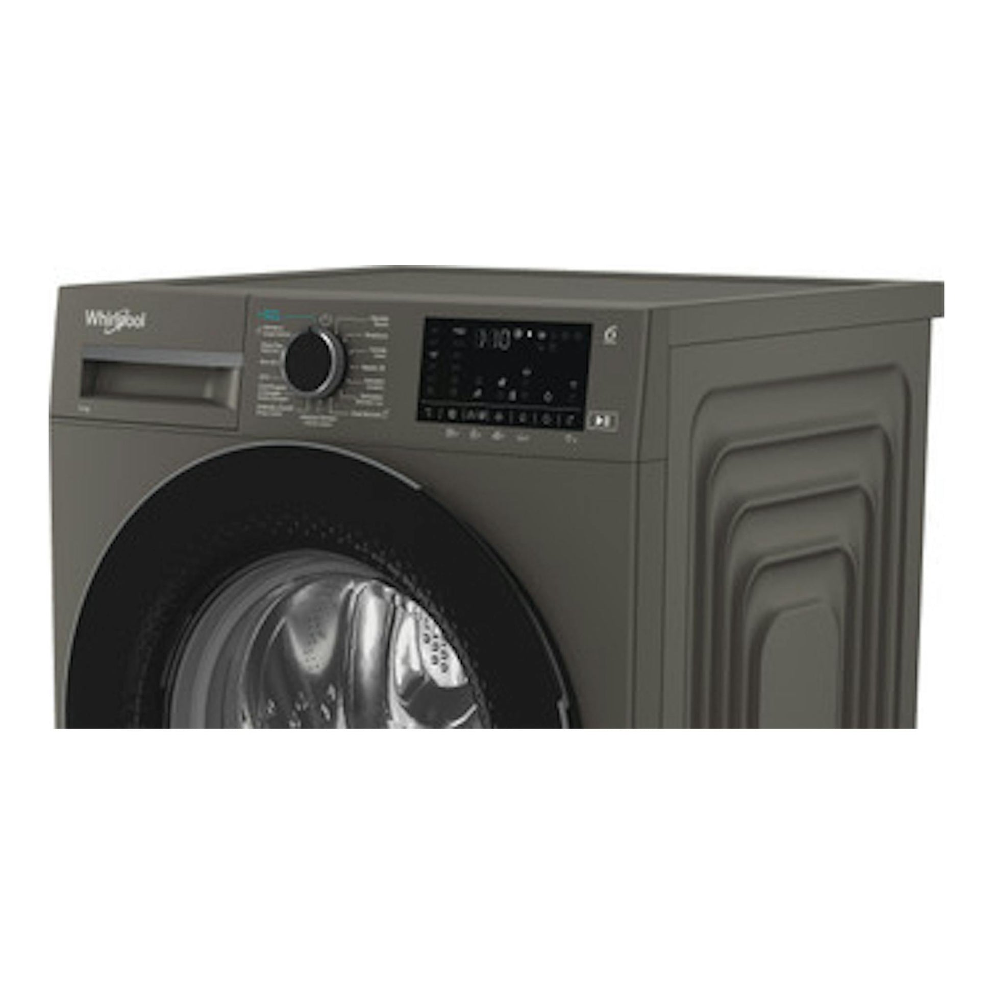 Lavadora Whirlpool WAM 07GB SPT gris, vista frontal en ángulo, puerta negra y panel digital.