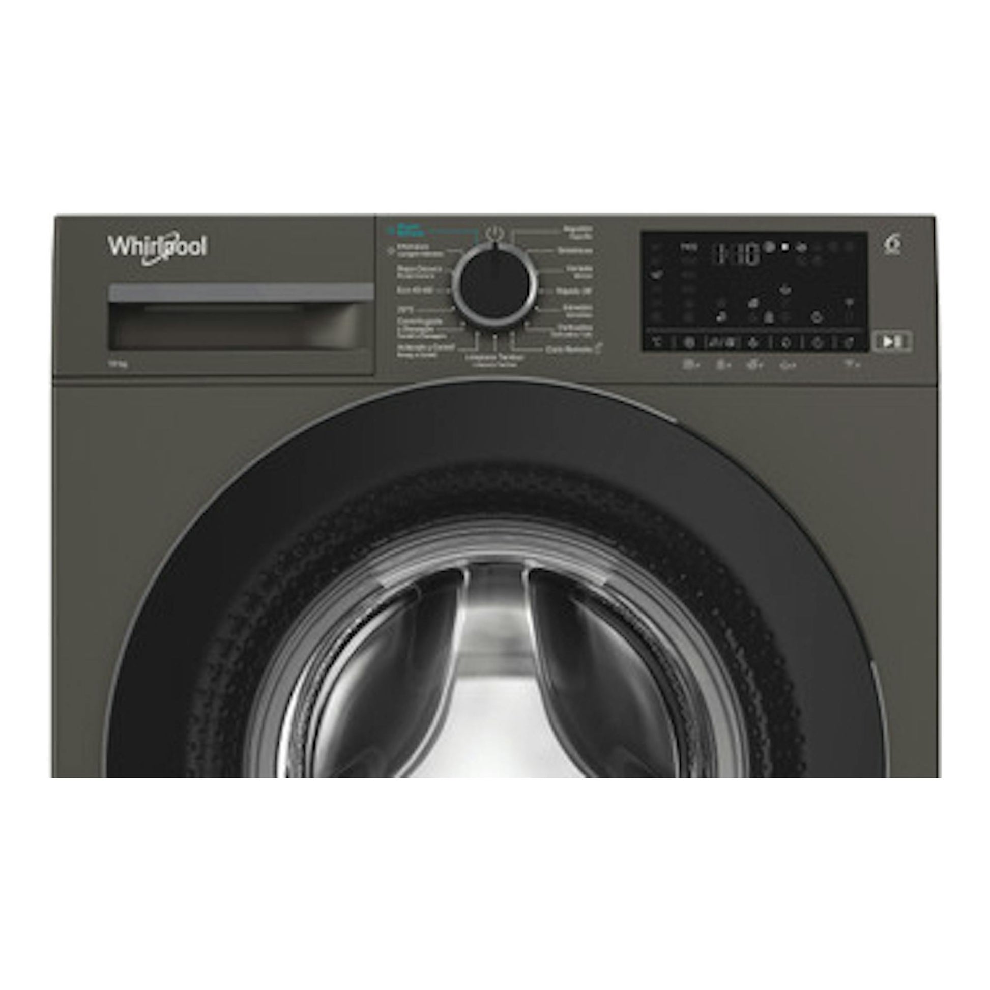 Lavadora Whirlpool WAM 07GB SPT gris oscuro, vista frontal con puerta circular y panel digital.