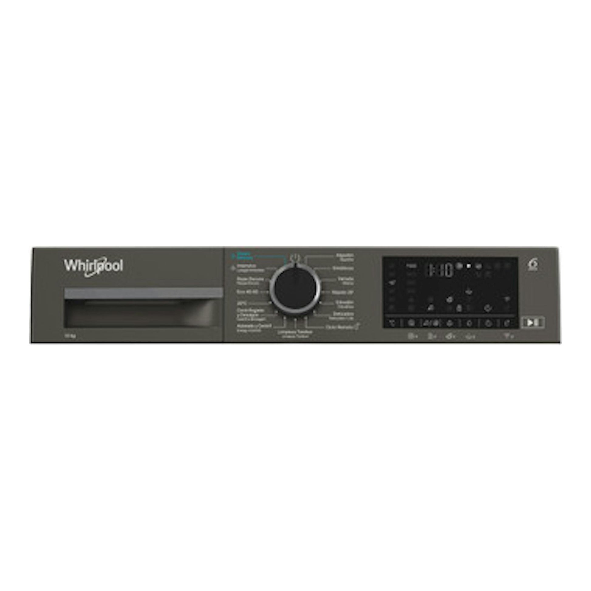Vista frontal del panel de control de lavadora Whirlpool WAM 07GB SPT, gris oscuro, con selector central y pantalla digital.