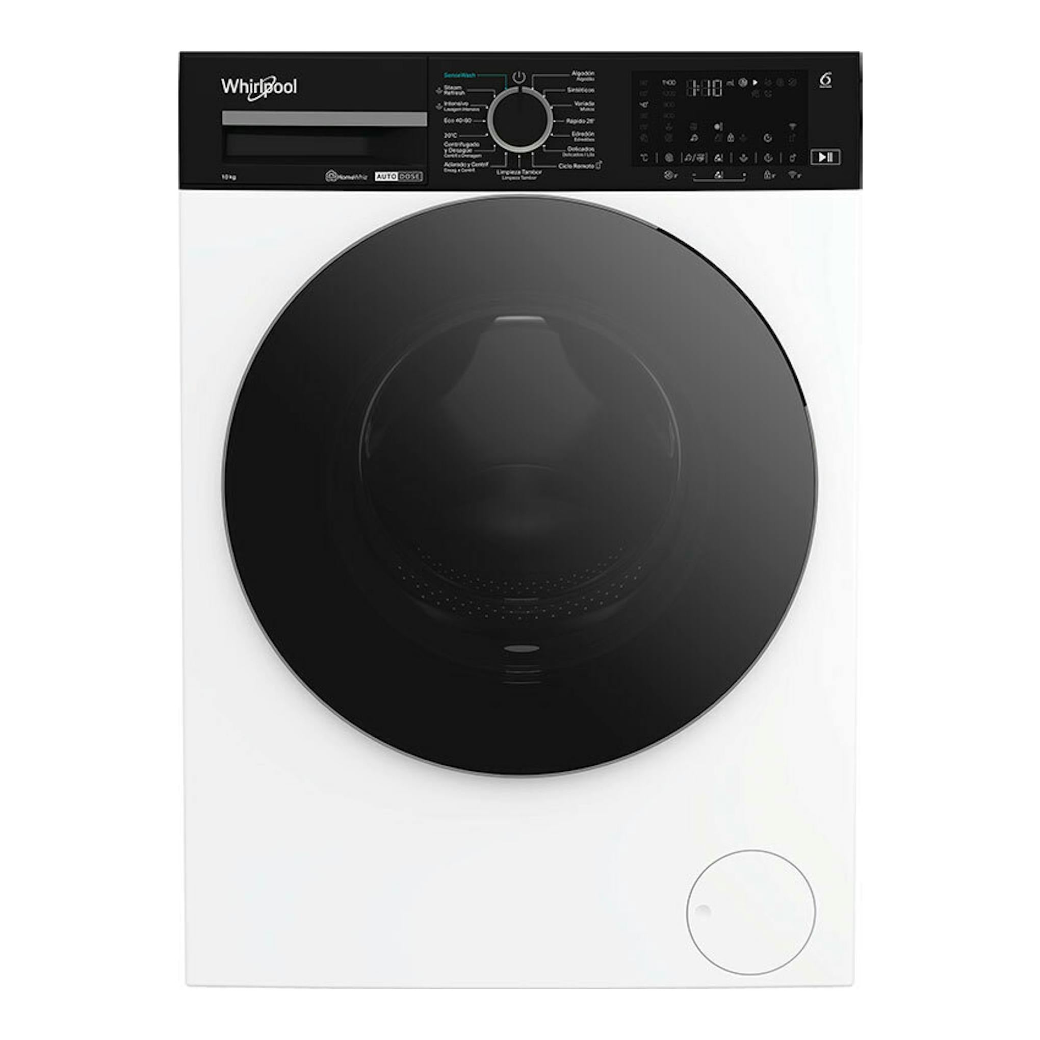 Lavadora frontal Whirlpool WPM07WADSSPT 10 kg, vista frontal, blanca con puerta negra y panel digital superior.