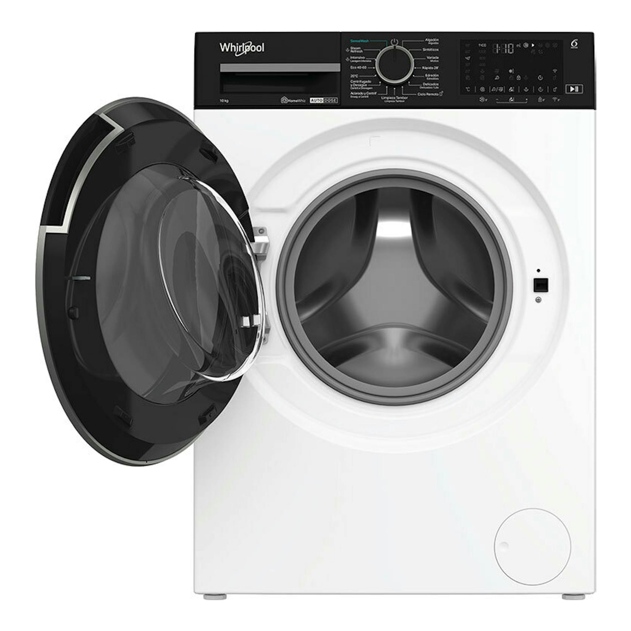 Lavadora frontal Whirlpool WPM07WADSSPT blanca, 10 kg, con puerta negra abierta y panel superior negro.
