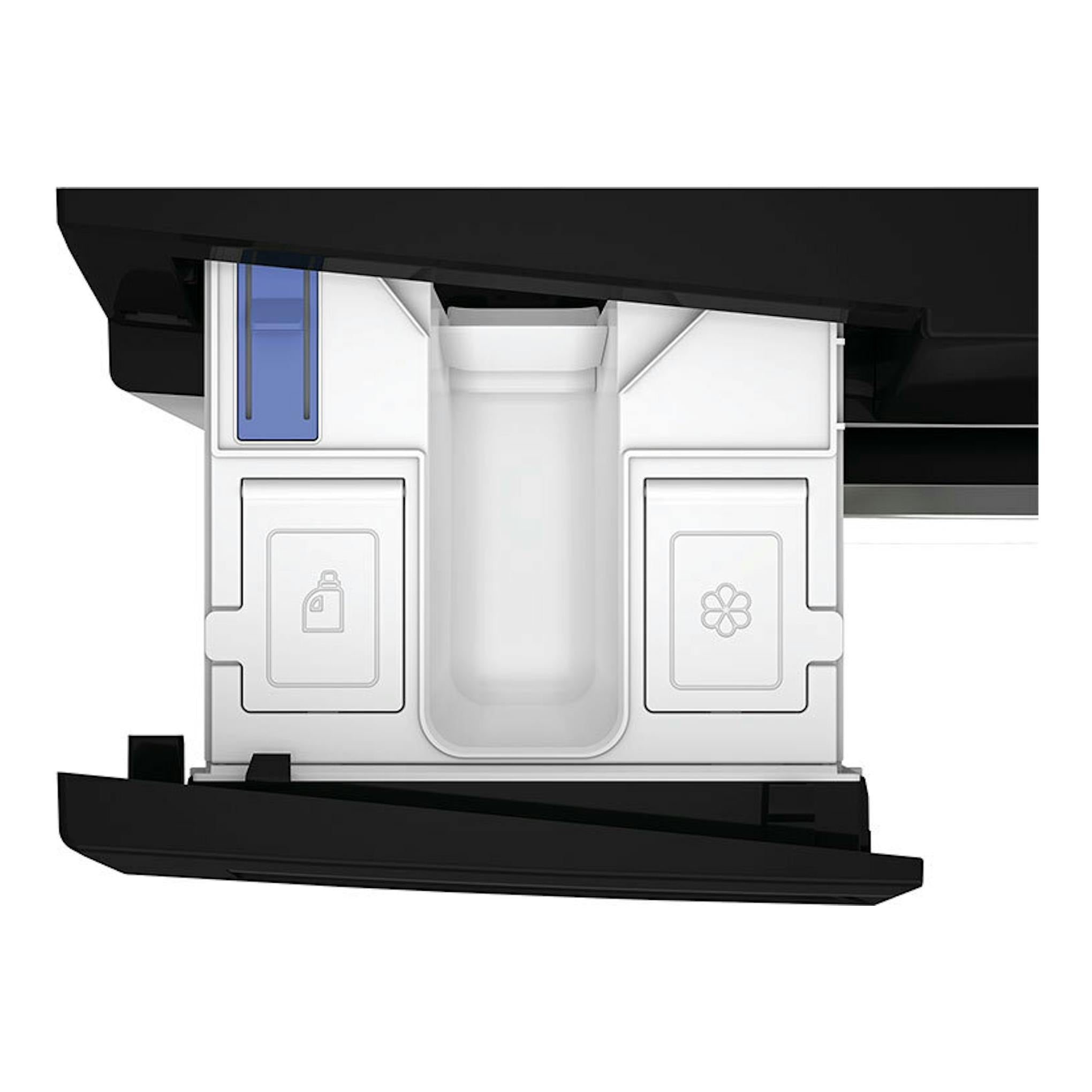 Lavadora Whirlpool WPM07WADSSPT 10 kg, vista frontal del cajón dispensador blanco y negro abierto.