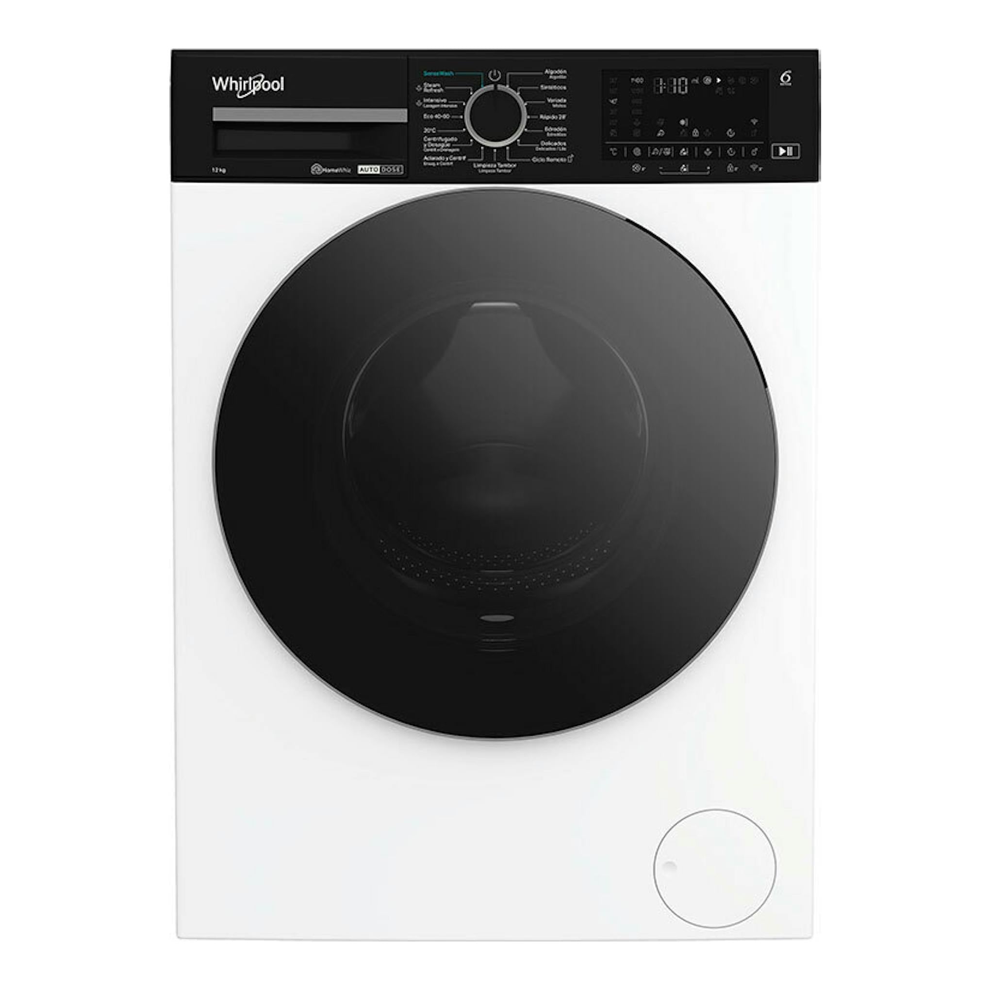 Lavadora Whirlpool WPM27WADSSPT de 12 kg, blanca, vista frontal, con puerta negra y panel negro.