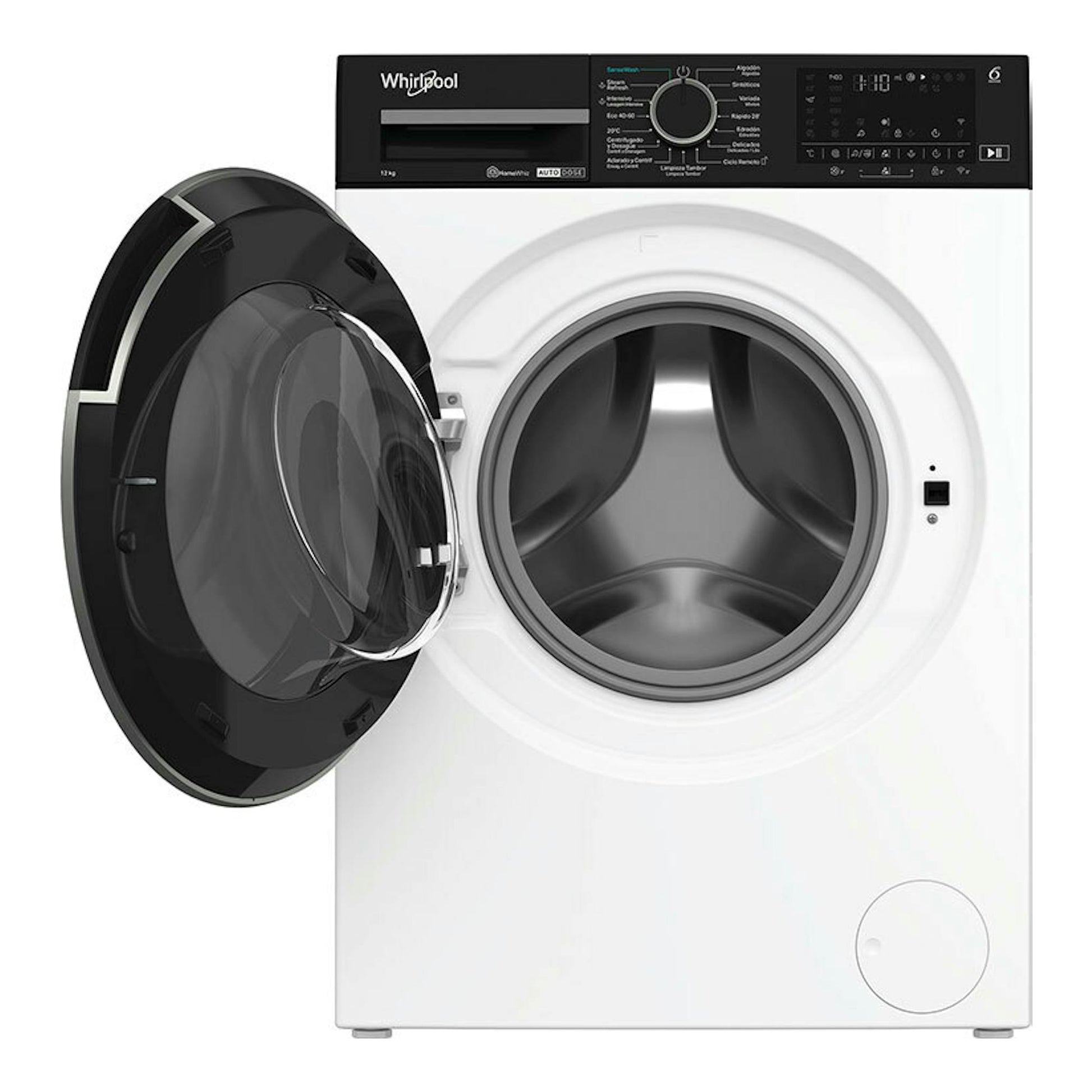 Lavadora Whirlpool WPM27WADSSPT de 12 kg, vista frontal, blanca con panel negro y puerta abierta.