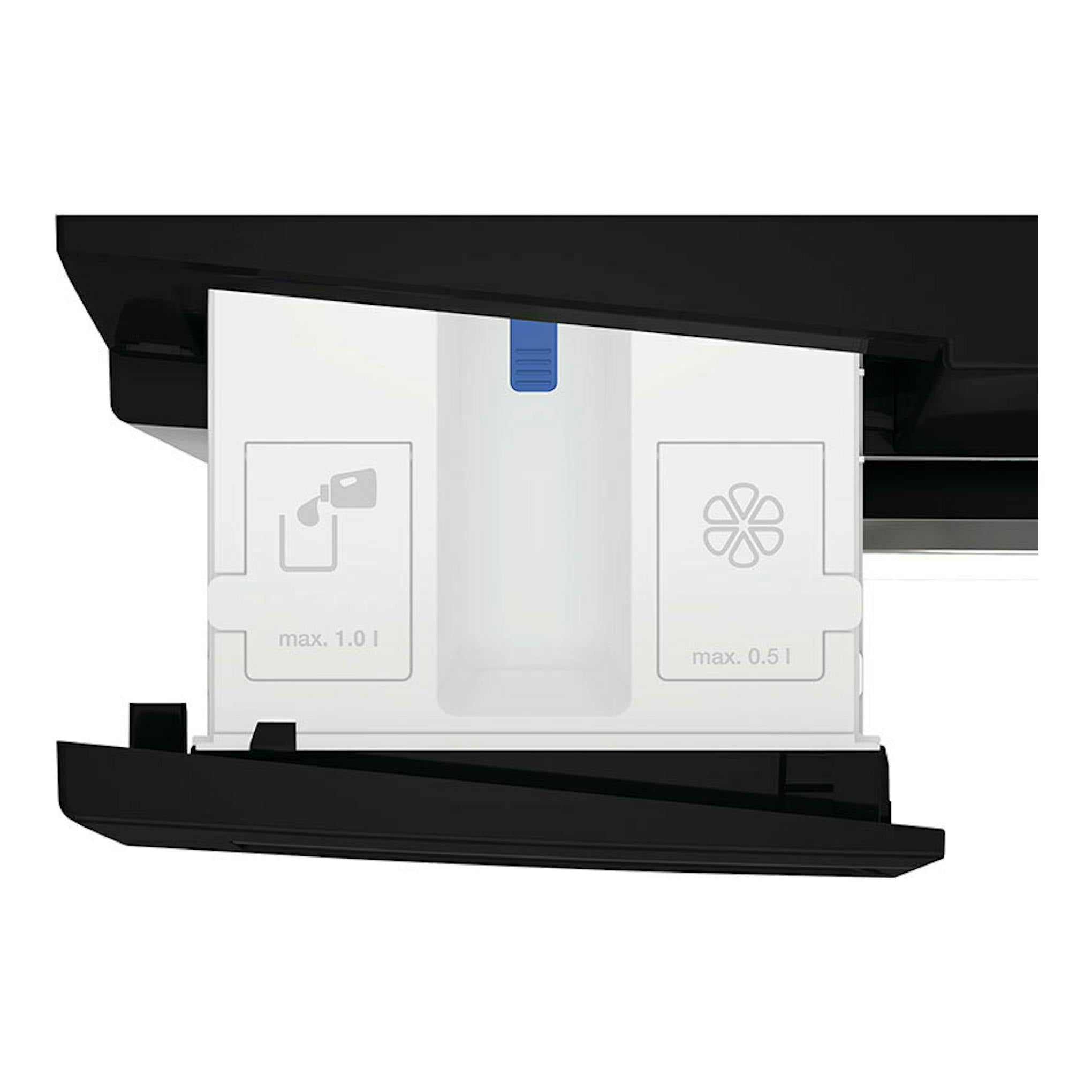 Primer plano del cajón dispensador de lavadora Whirlpool WPM27WADSSPT, blanco y negro.