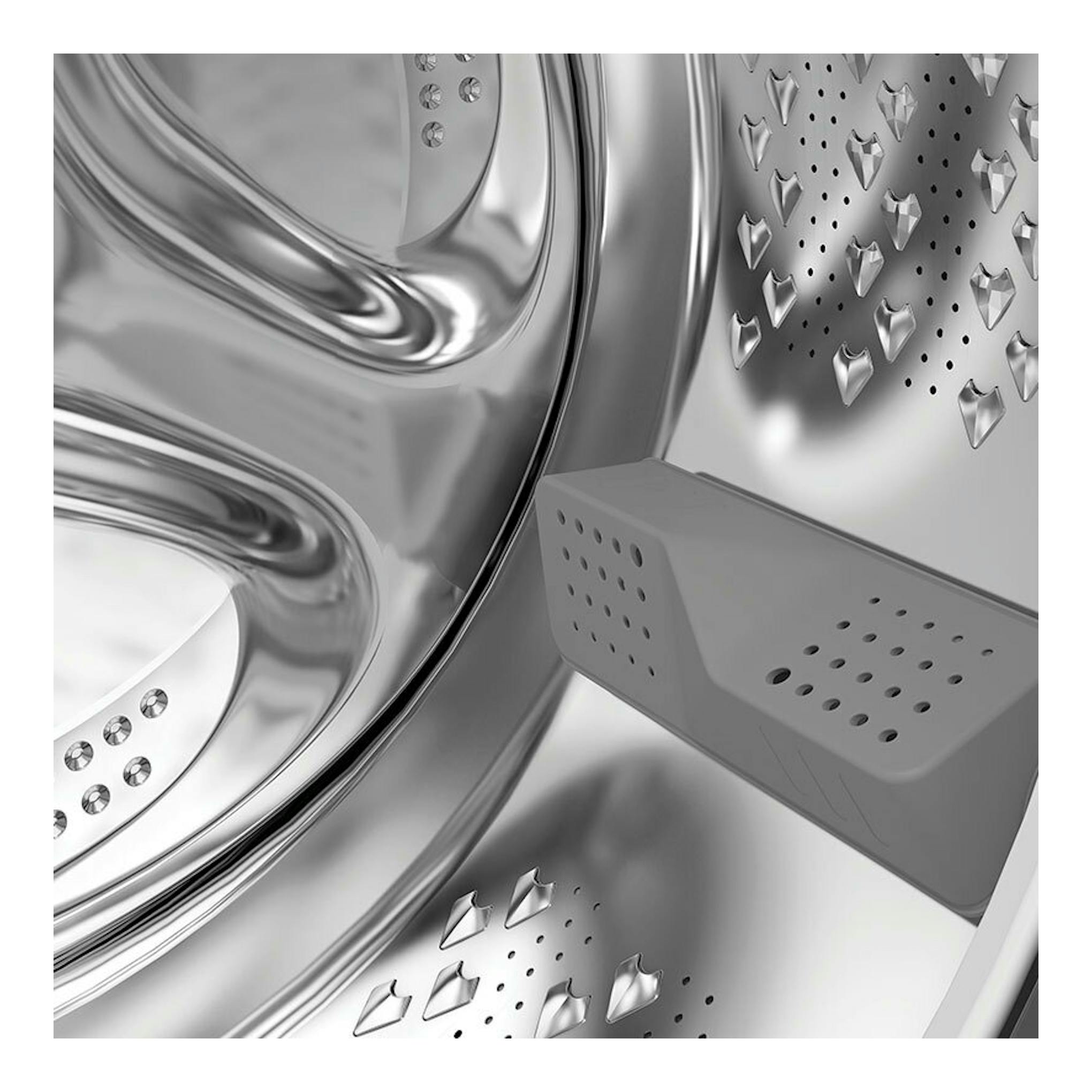 Interior de lavadora Whirlpool WPM27WADSSPT de acero inoxidable, con tambor y aspas perforadas.
