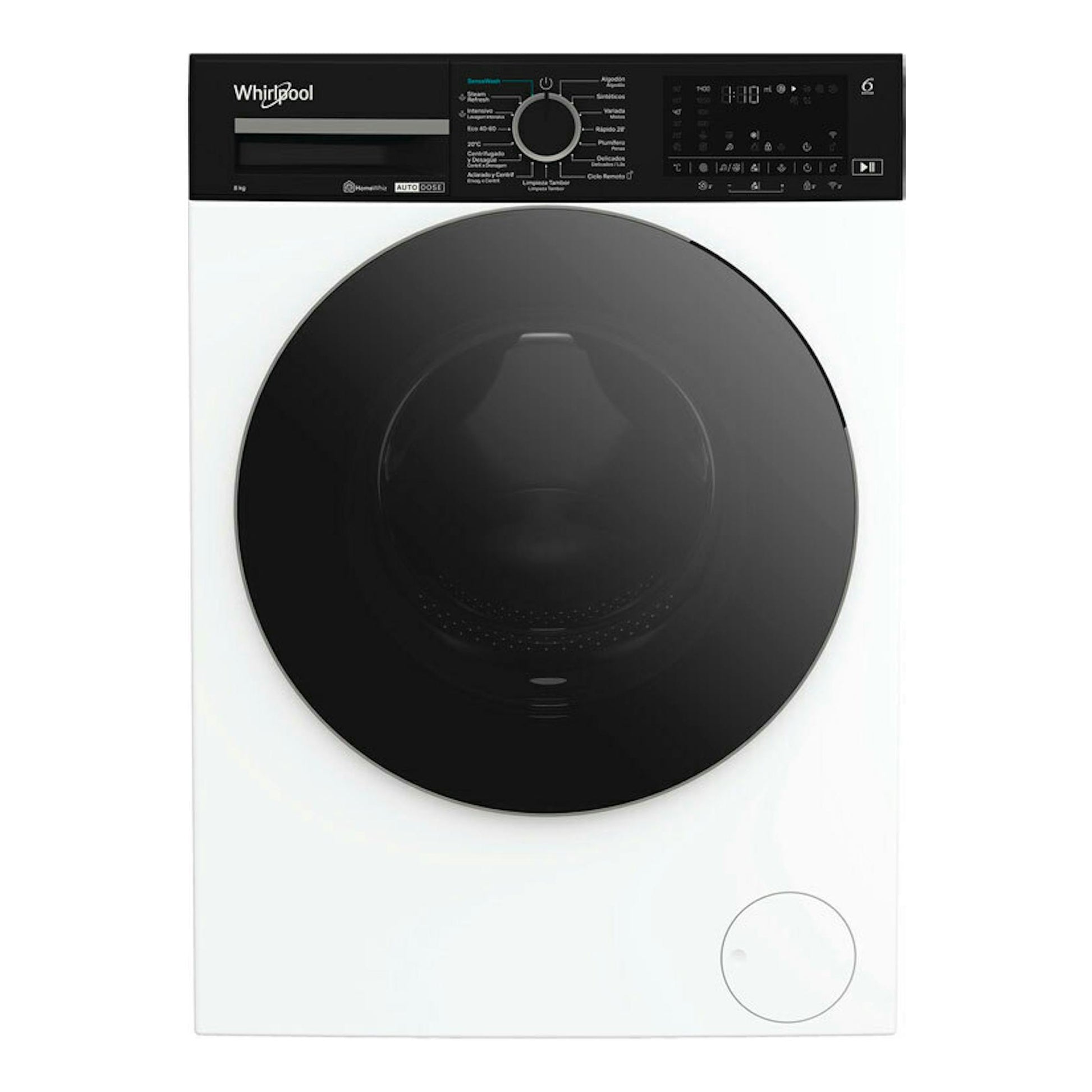 Lavadora frontal Whirlpool WPM87WADSSPT blanca con puerta negra, vista frontal.