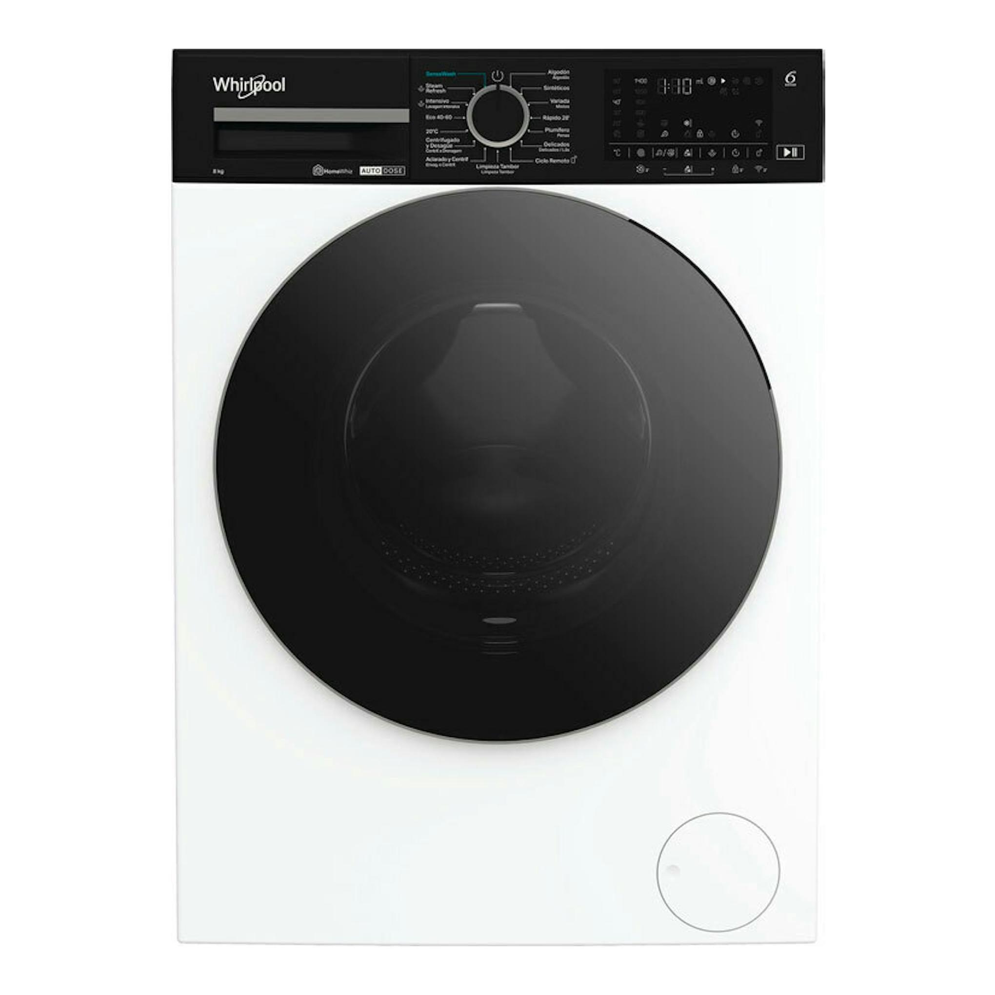 Lavadora frontal Whirlpool WPM87WADSSPT blanca con puerta negra, vista frontal.