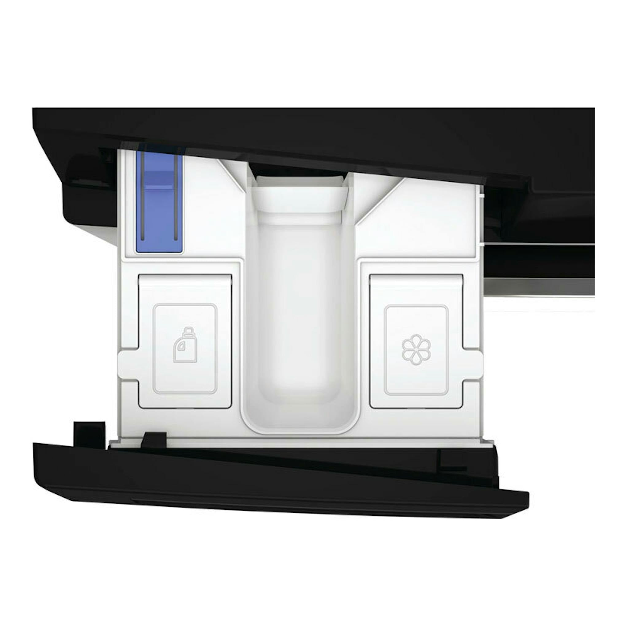 Lavadora Whirlpool WPM87WADSSPT 8 kg, vista frontal parcial del cajetín dispensador blanco y negro.