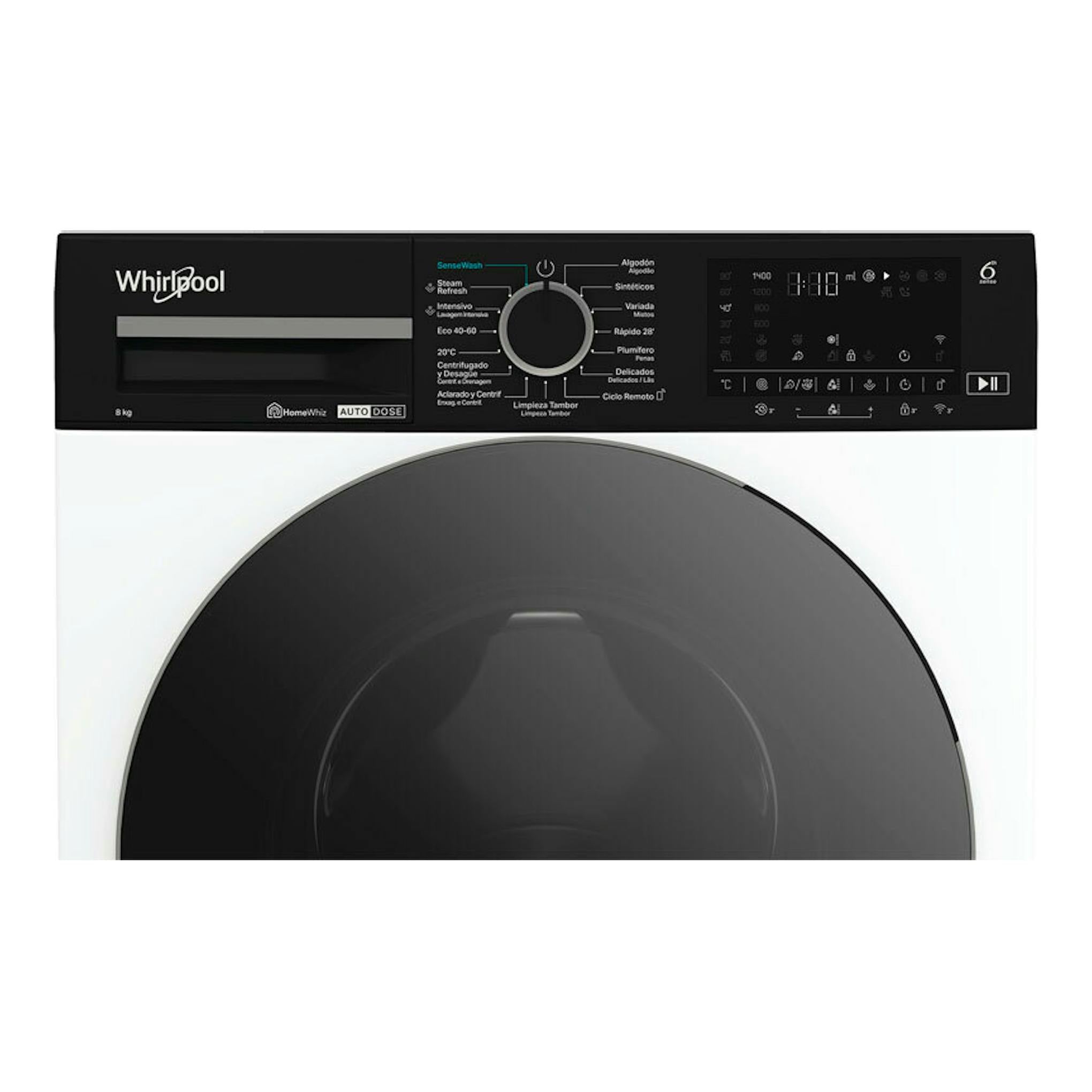 Lavadora Whirlpool WPM87WADSSPT negra, vista frontal, con panel digital y puerta circular.