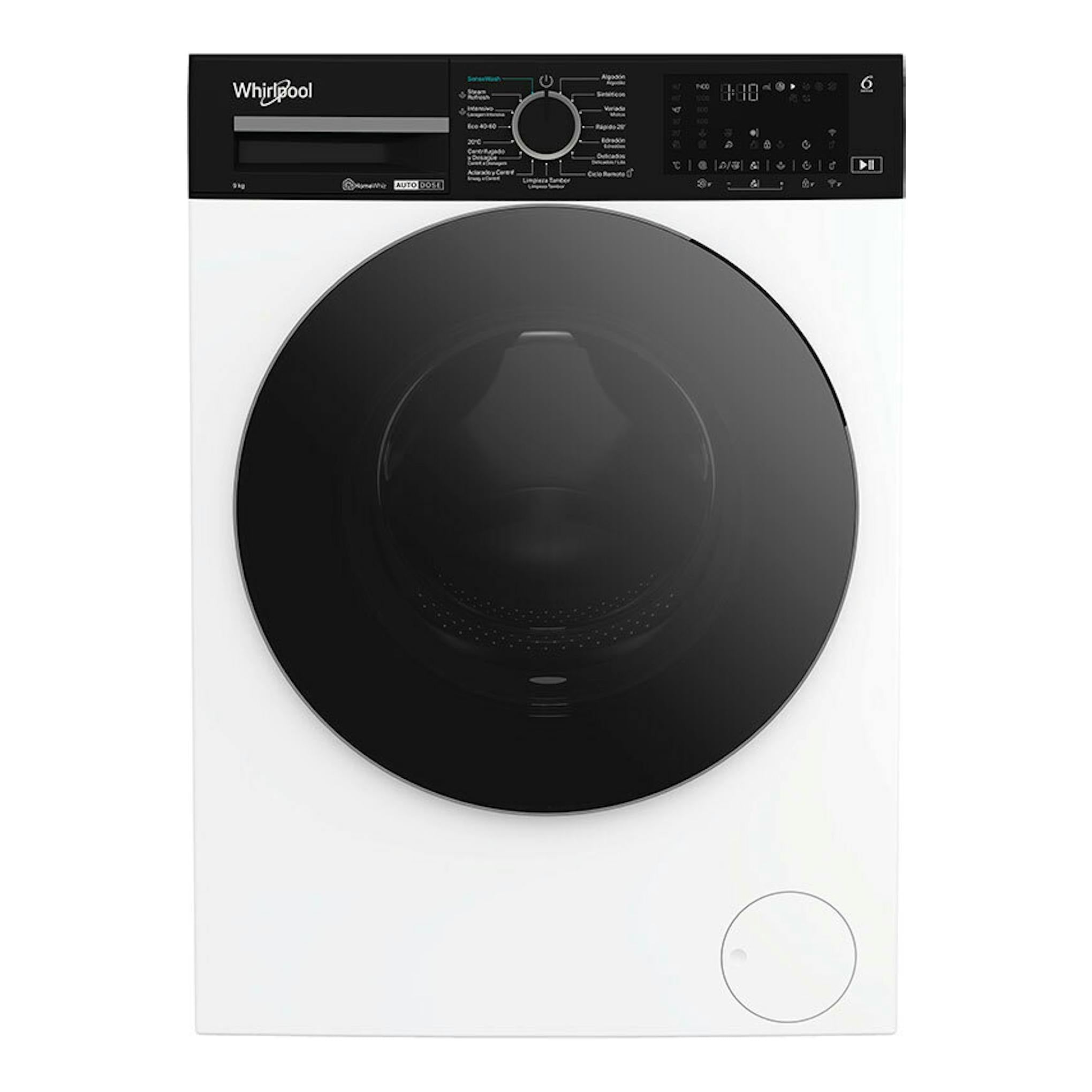 Lavadora frontal Whirlpool WPM911WADSSPT de 9 kg, blanca con puerta negra y panel de control superior.