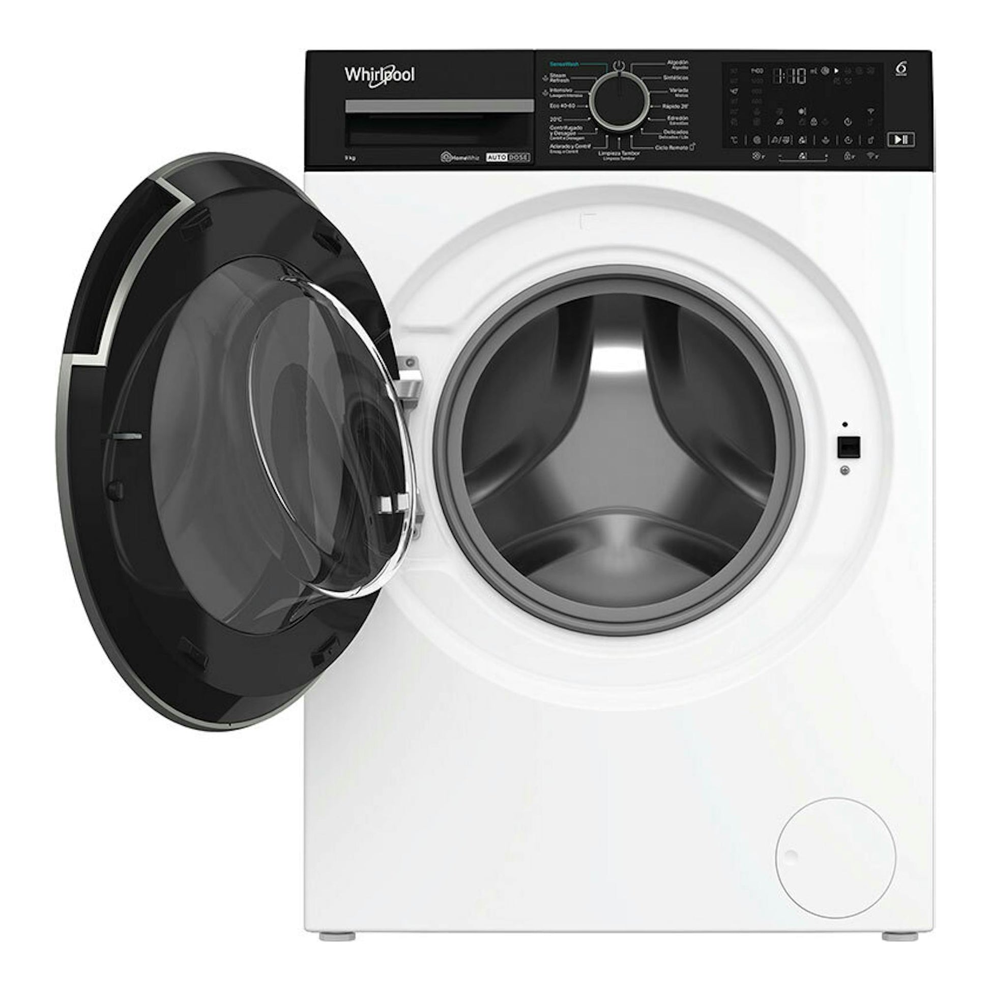 Lavadora frontal Whirlpool WPM911WADSSPT 9 kg, blanca y negra, vista frontal con puerta abierta.