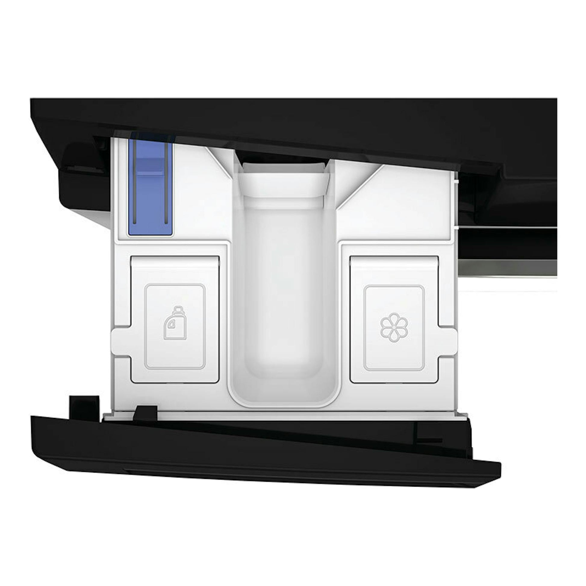 Whirlpool WPM911WADSSPT: vista frontal del cajón dispensador de una lavadora blanca y negra, con compartimentos.