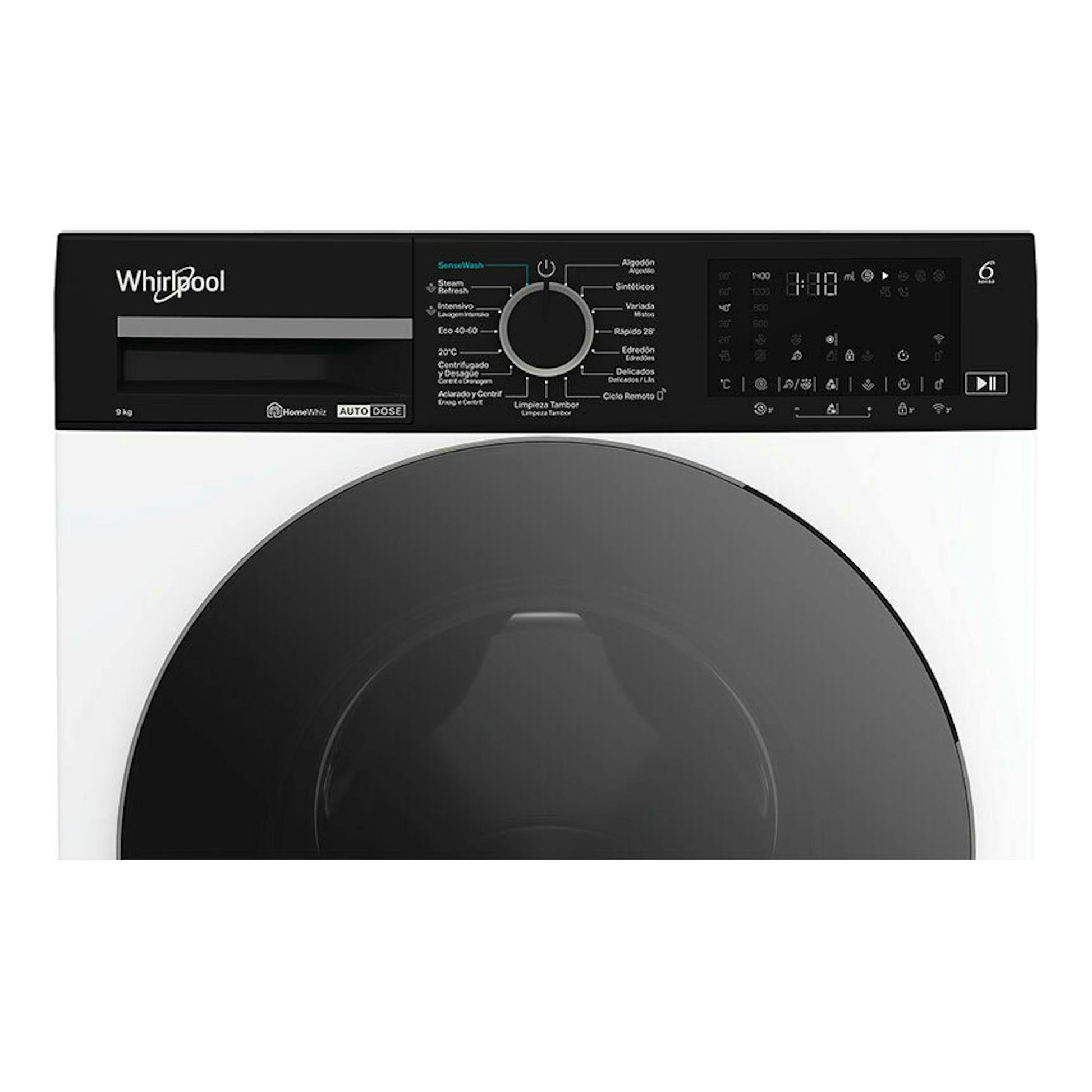 Lavadora Whirlpool WPM911WADSSPT de 9 kg, vista frontal, carga frontal, cuerpo blanco y panel negro.