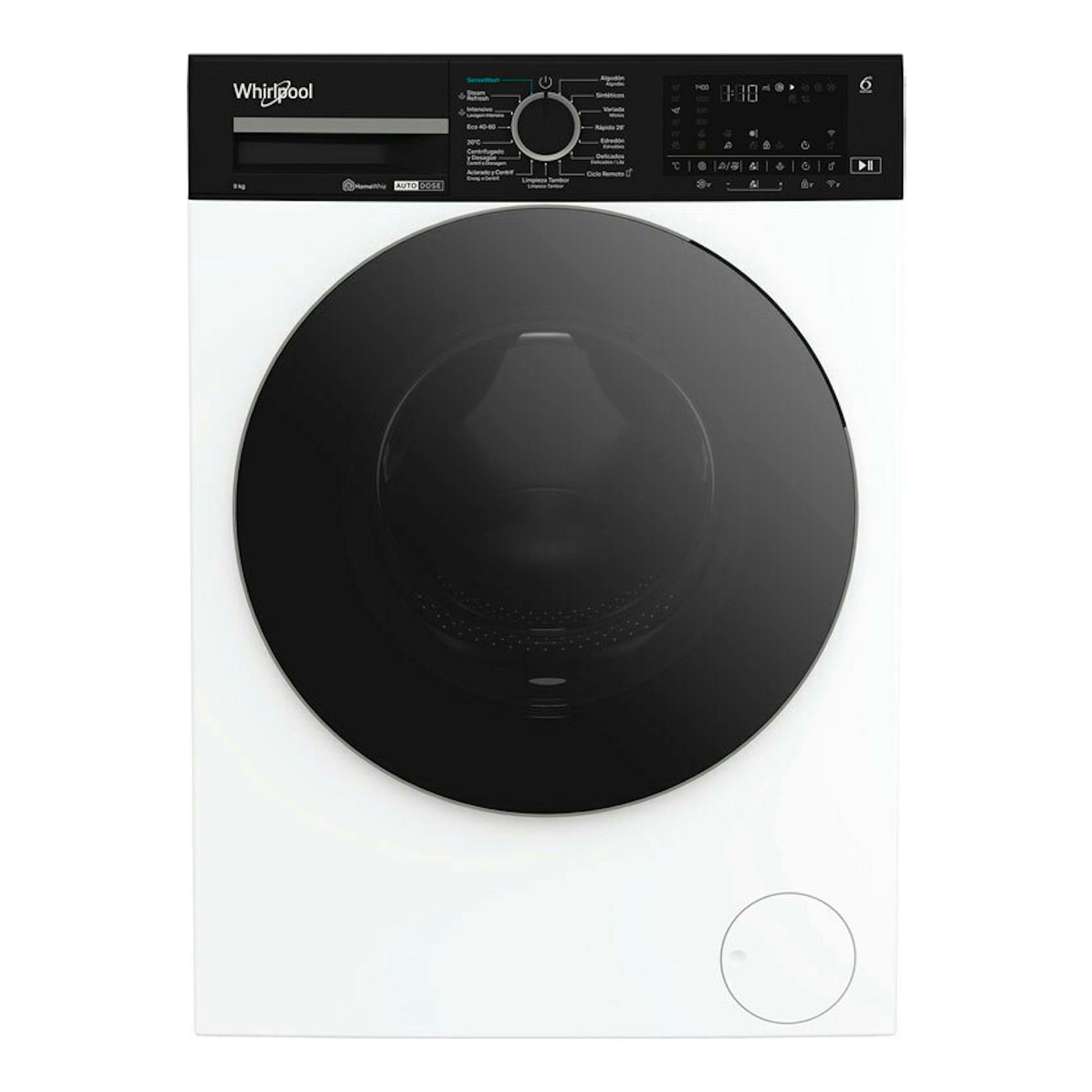 Lavadora Whirlpool WPM97WADSSPT blanca de frente, con puerta circular negra y panel de control superior.