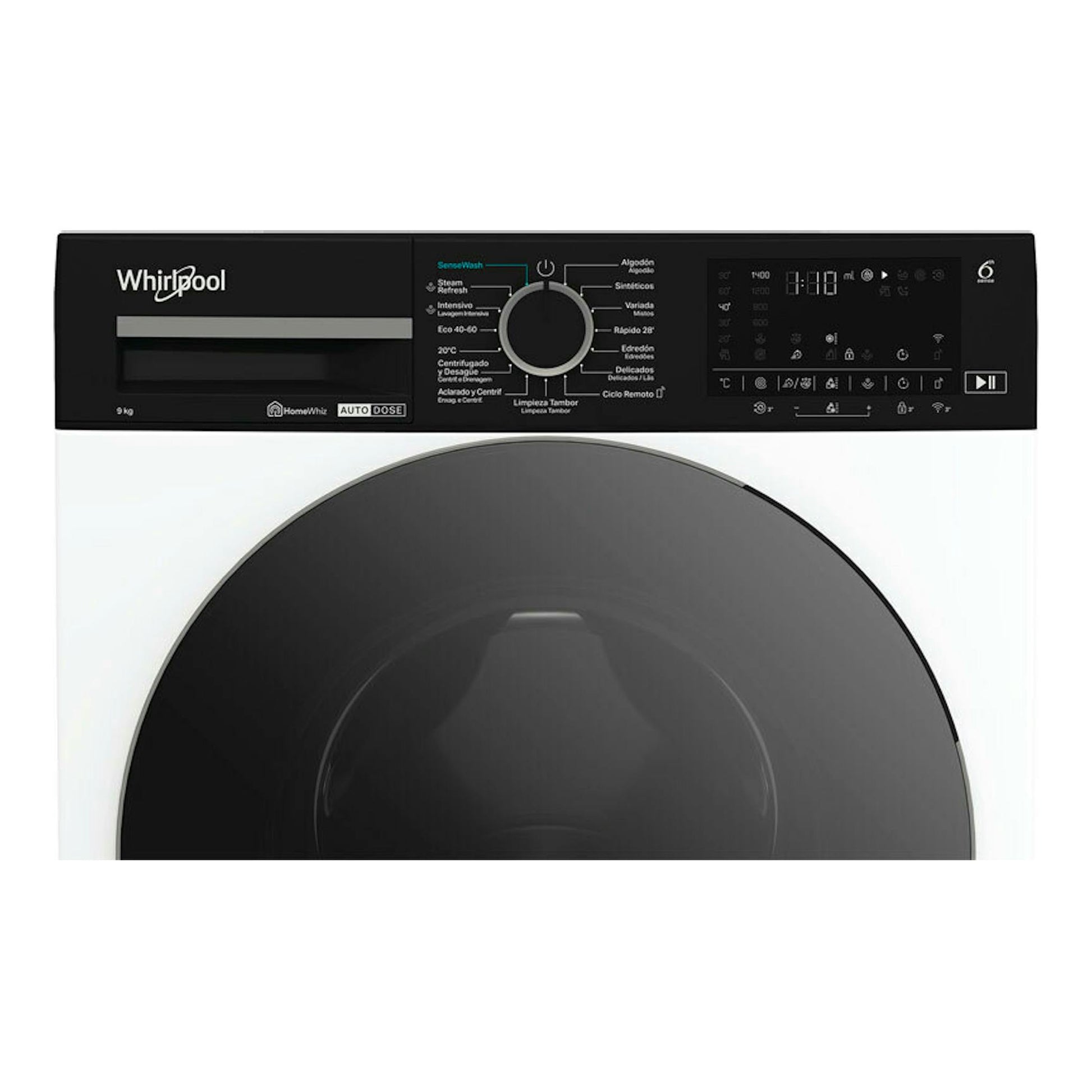 Lavadora Whirlpool WPM97WADSSPT negra, vista frontal, con panel digital y puerta circular.