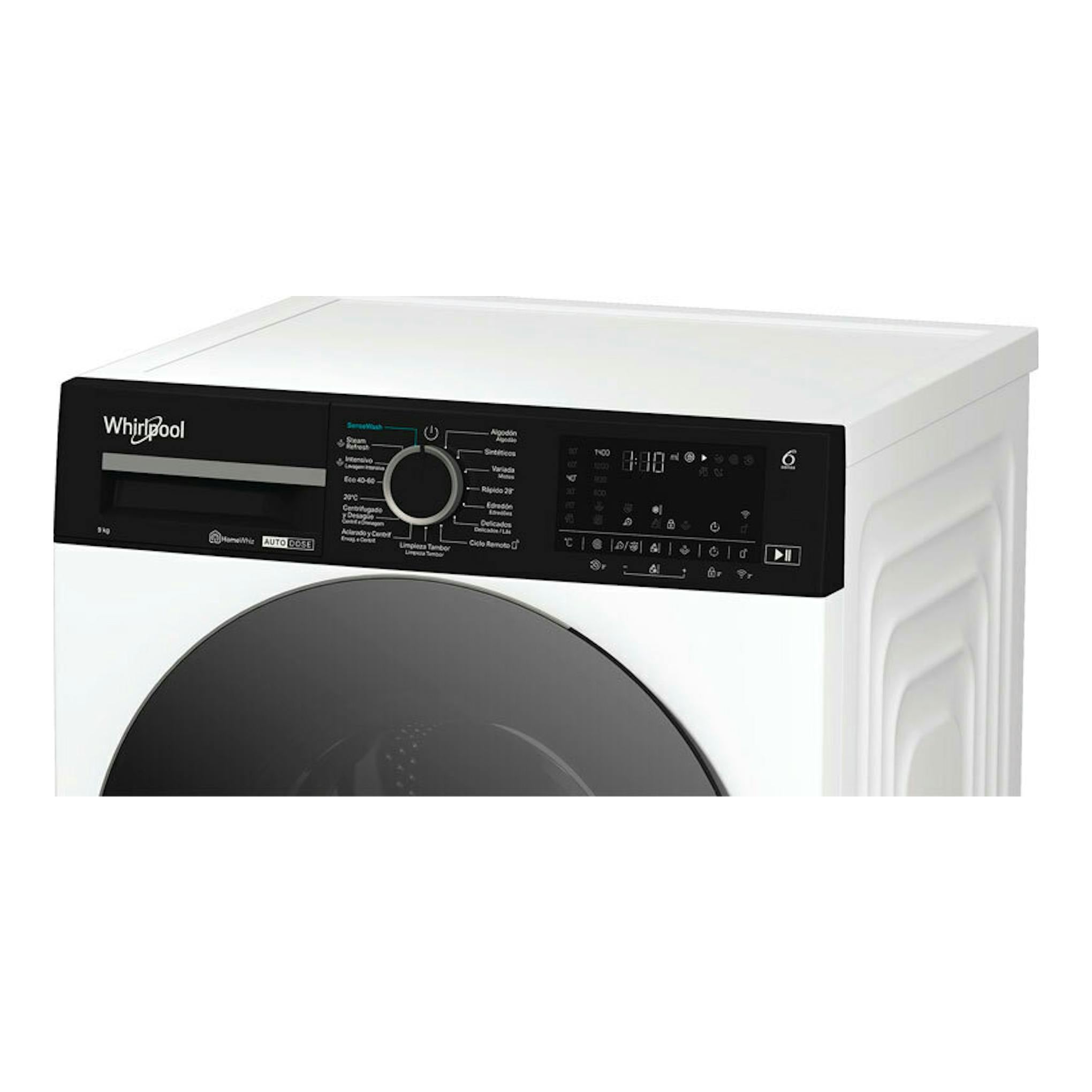 Lavadora Whirlpool WPM97WADSSPT blanca, vista frontal ligeramente inclinada, con panel negro digital.