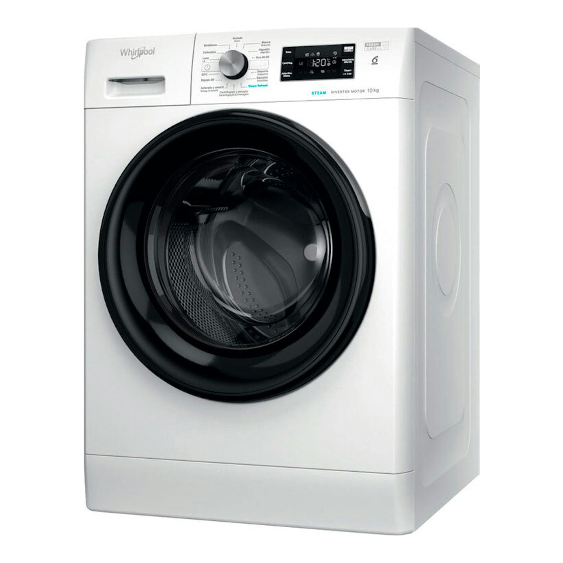 Lavadora Whirlpool FFB10489BVSPT blanca de 10 kg, vista frontal en ángulo, con puerta negra y panel digital.