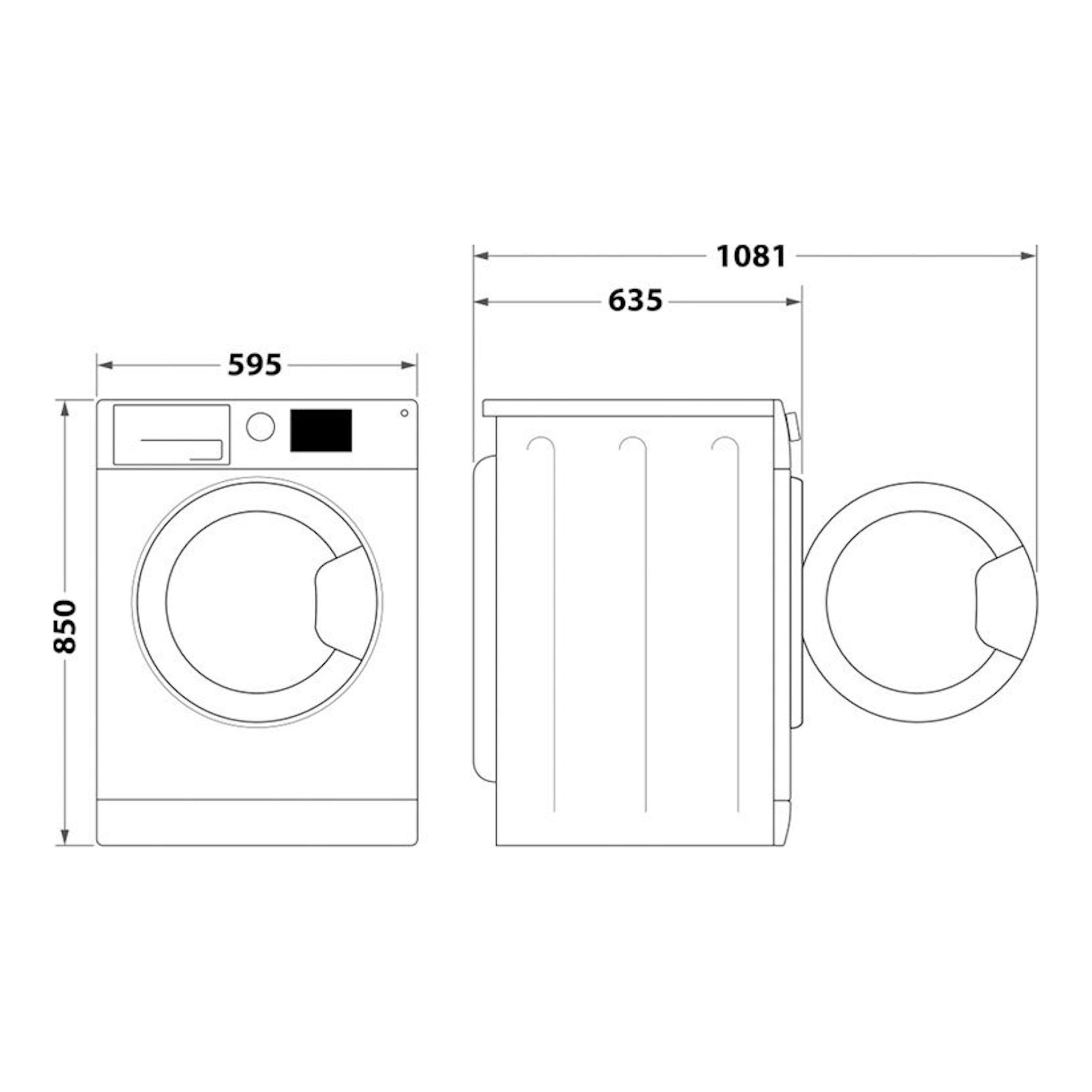 Lavadora Whirlpool FFB10489BVSPT, dibujo técnico frontal y lateral en blanco con medidas 595, 850 y 1081 mm.