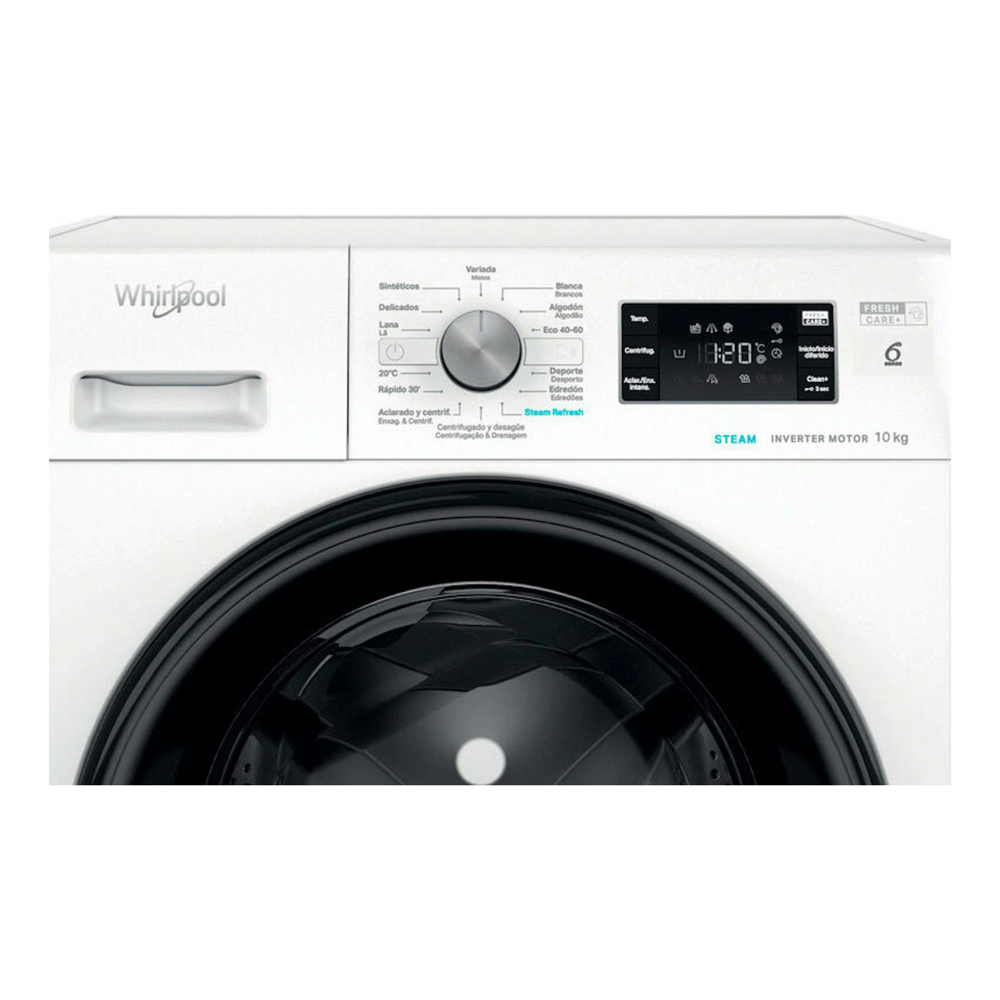 Lavadora Whirlpool FFB10489BVSPT blanca, vista frontal, con puerta negra y panel digital.