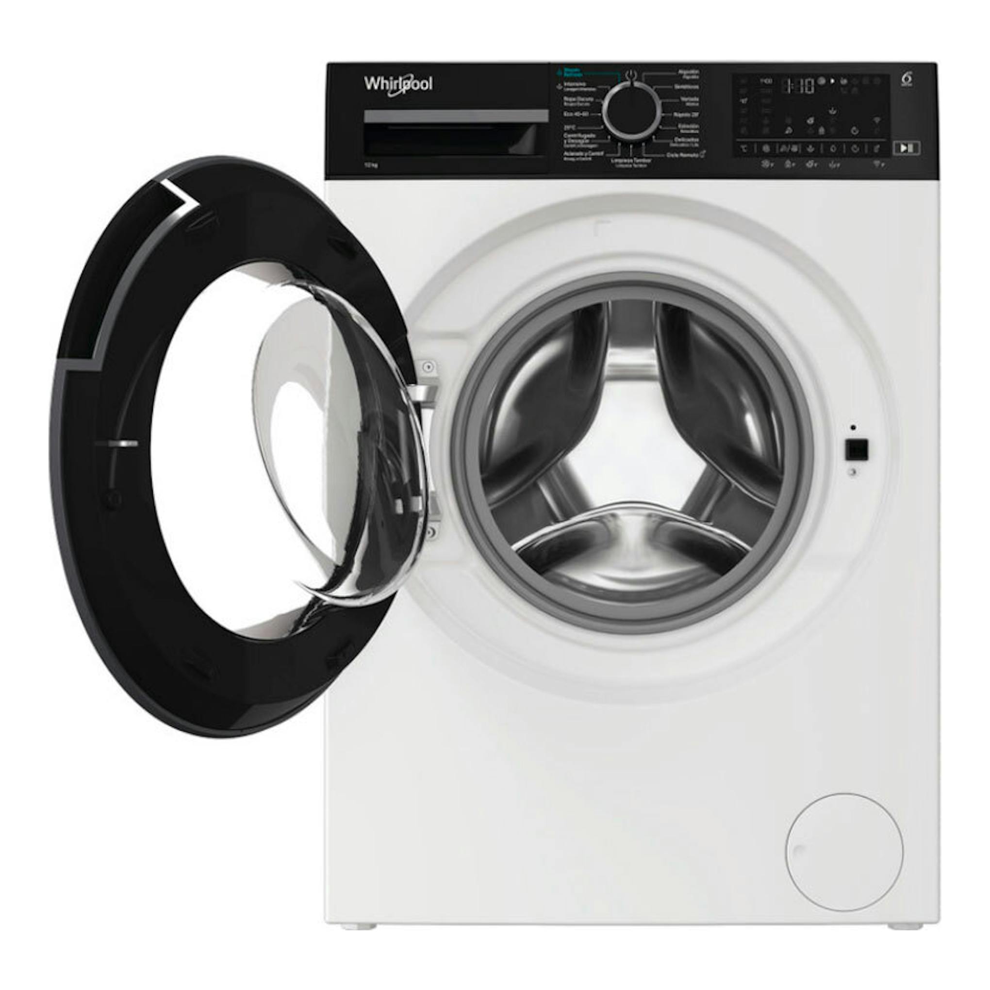 Lavadora Whirlpool WAM 27WB SPT blanca, vista frontal, con puerta abierta y panel superior negro.
