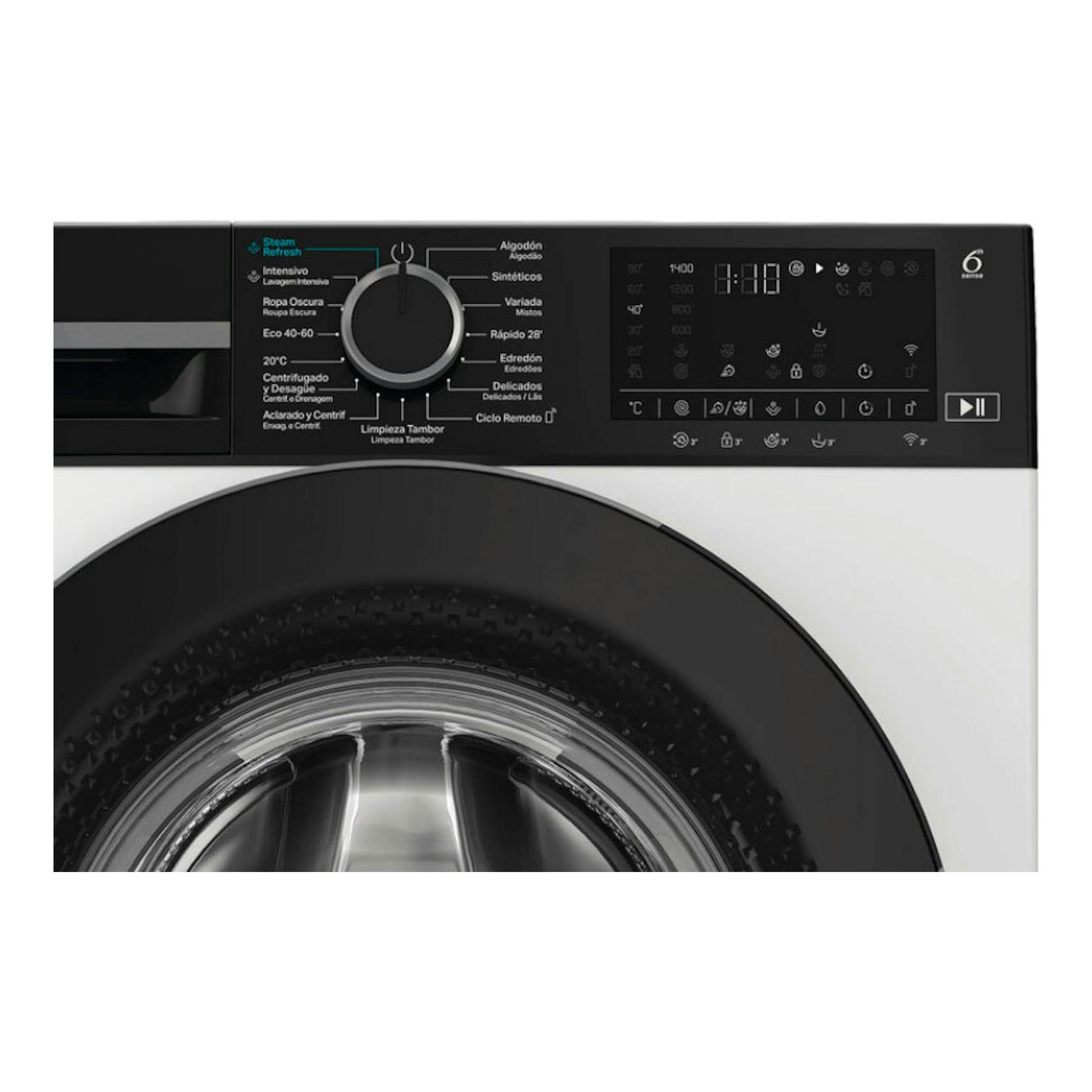 Lavadora Whirlpool WAM 27WB SPT blanca y negra, vista frontal, con panel digital y puerta circular.