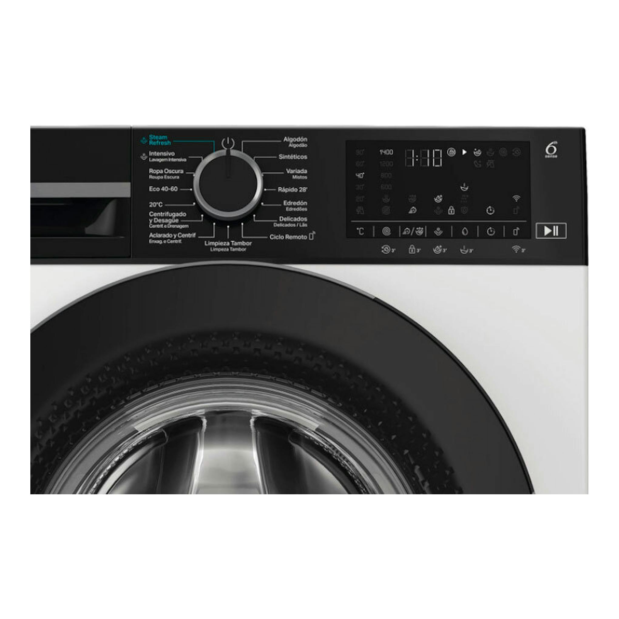 Lavadora Whirlpool WAM 27WB SPT blanca y negra, vista frontal, con panel digital y puerta circular.