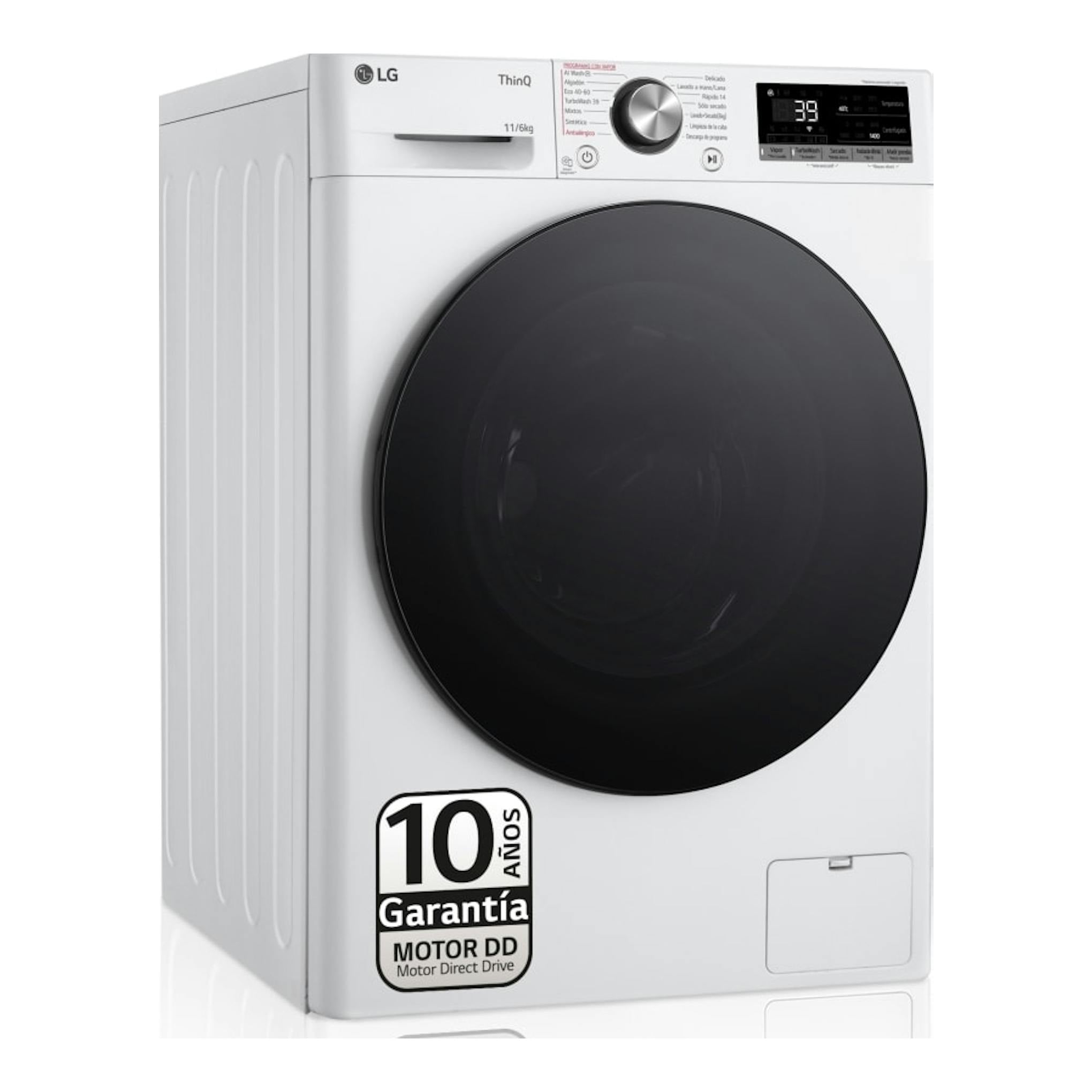 Lavasecadora LG F4DR7011AGW blanca, vista frontal, con puerta circular negra y panel digital superior.
