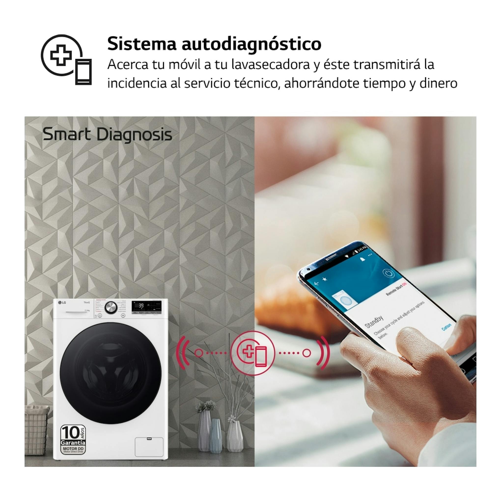 Lavasecadora LG F4DR7011AGW blanca, vista frontal, junto a un móvil con Smart Diagnosis.