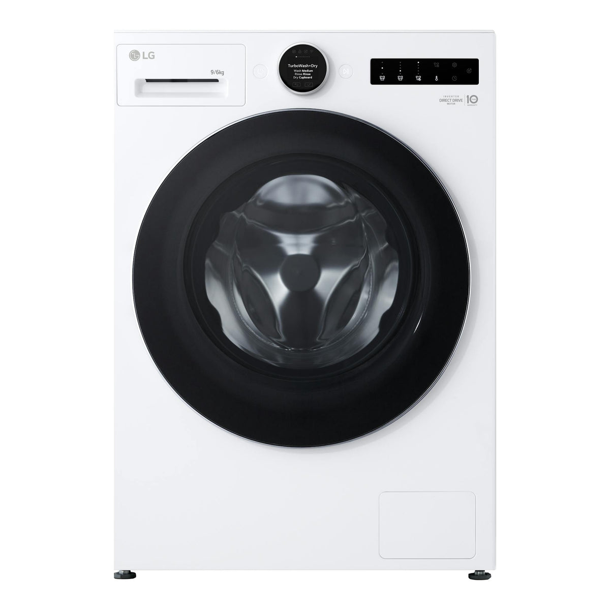 Lavasecadora LG WHX9096TLC blanca, vista frontal, con puerta circular negra y panel superior.