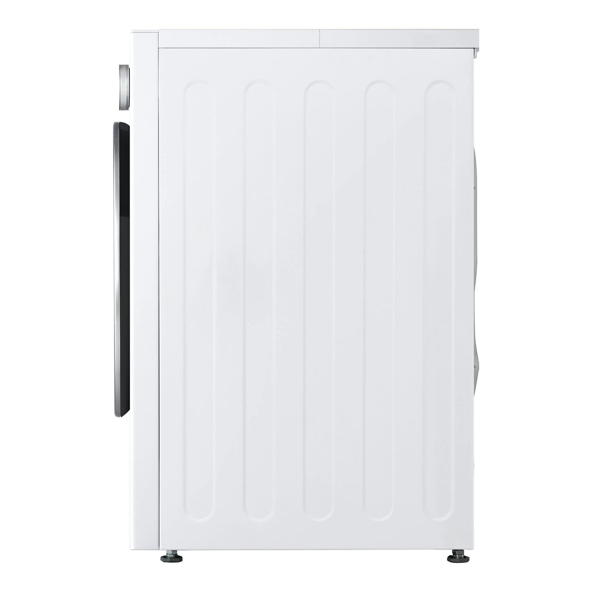 Lavasecadora LG WHX9096TLC blanca, vista lateral, con panel negro y tambor frontal visible.