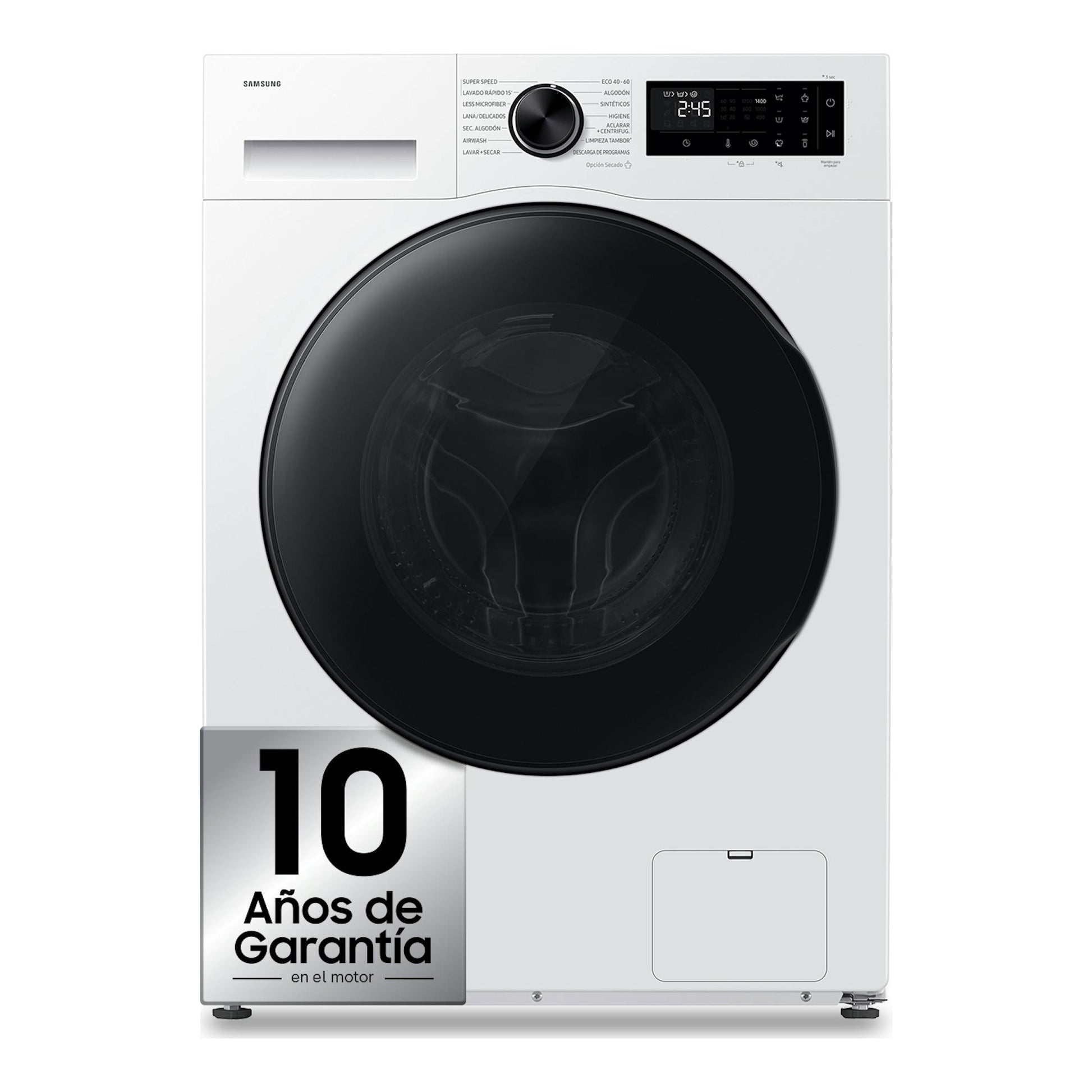Lavasecadora Samsung WD90HG5U34BEEC blanca, frontal, con puerta negra y panel digital superior.