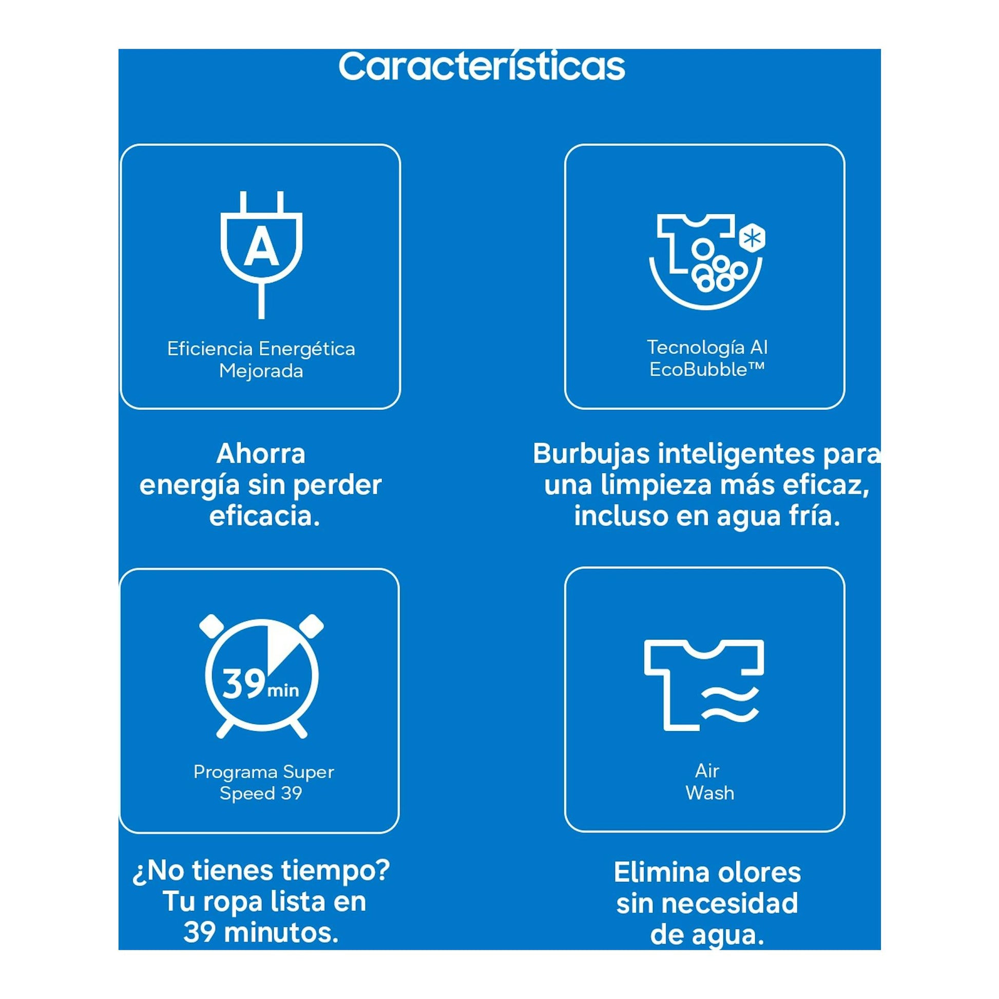 Infografía de Samsung WD90HG5U34BEEC con iconos de eficiencia A, AI EcoBubble, Super Speed 39 y Air Wash.