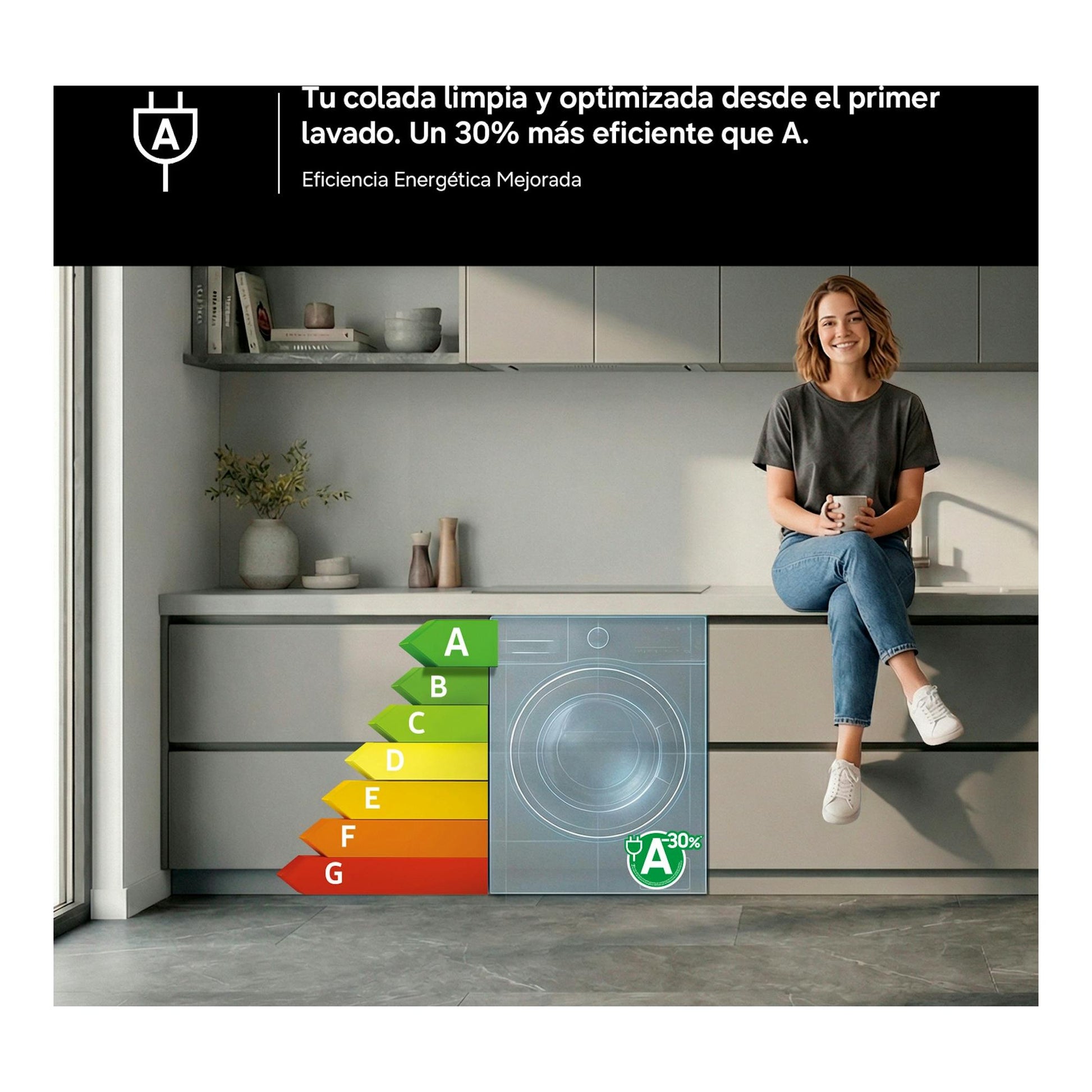Lavasecadora Samsung WD90HG5U34BEEC, vista frontal integrada en cocina, con etiqueta energética A y escala A-G.