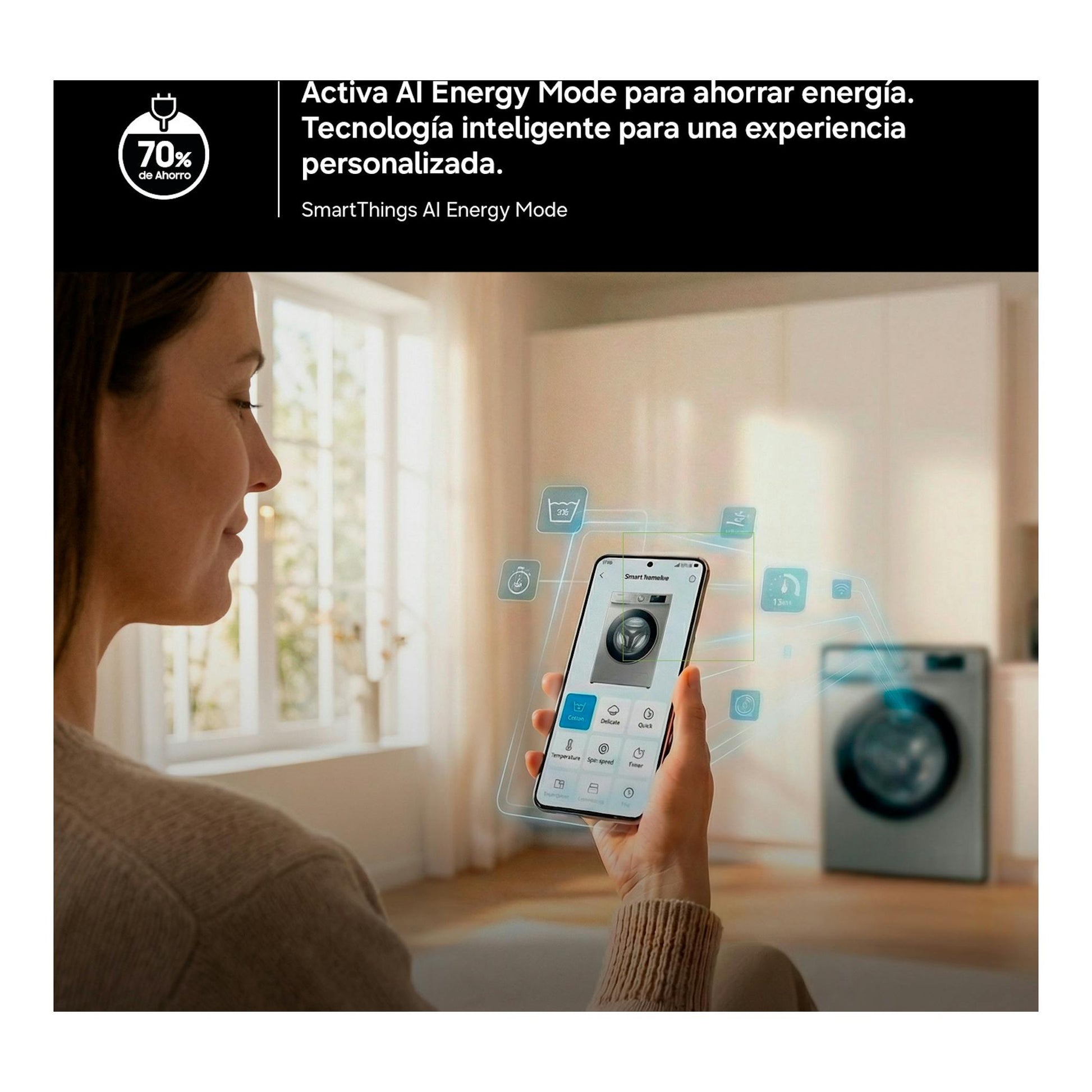 Samsung WD90HG5U34BEEC, lavasecadora gris, vista frontal en fondo, con una mujer usando móvil con SmartThings.