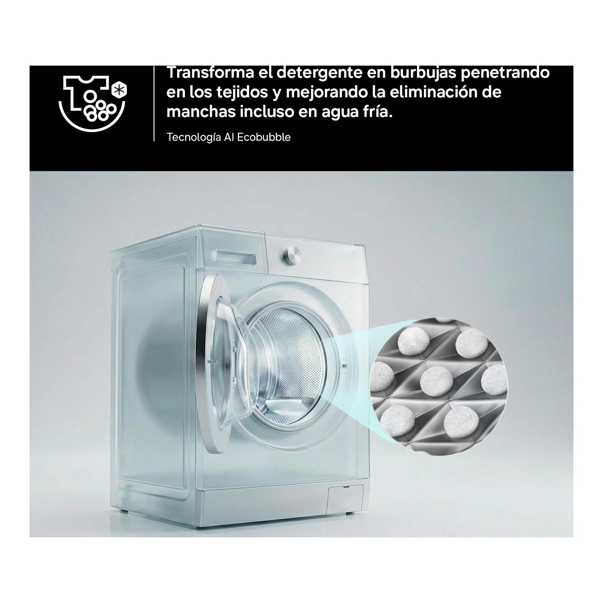 Lavasecadora Samsung WD90HG5U34BEEC frontal blanca con puerta abierta y gráfico de burbujas.