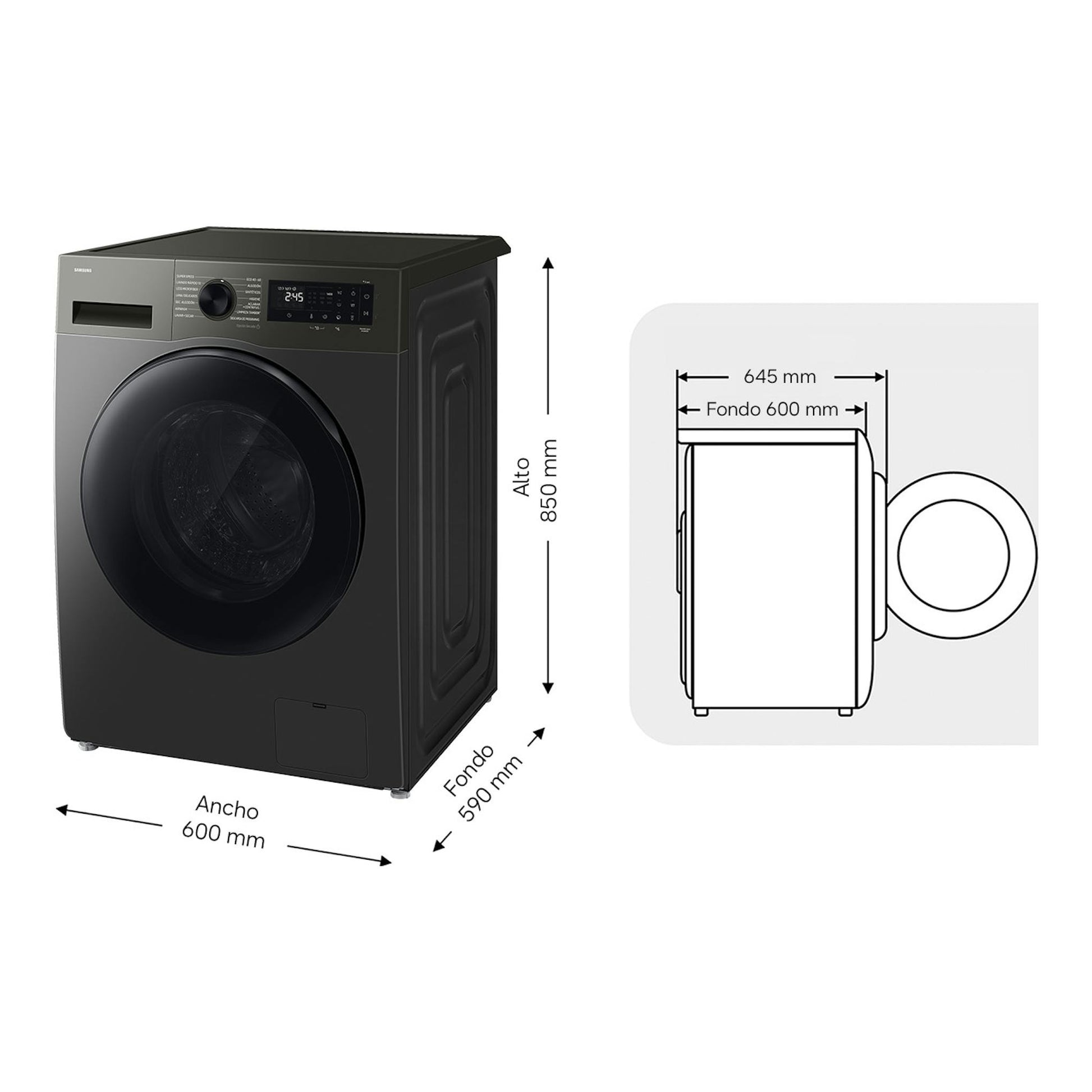 Lavasecadora Samsung WD90HG5U34BXEC negra, vista frontal y lateral, con medidas indicadas.