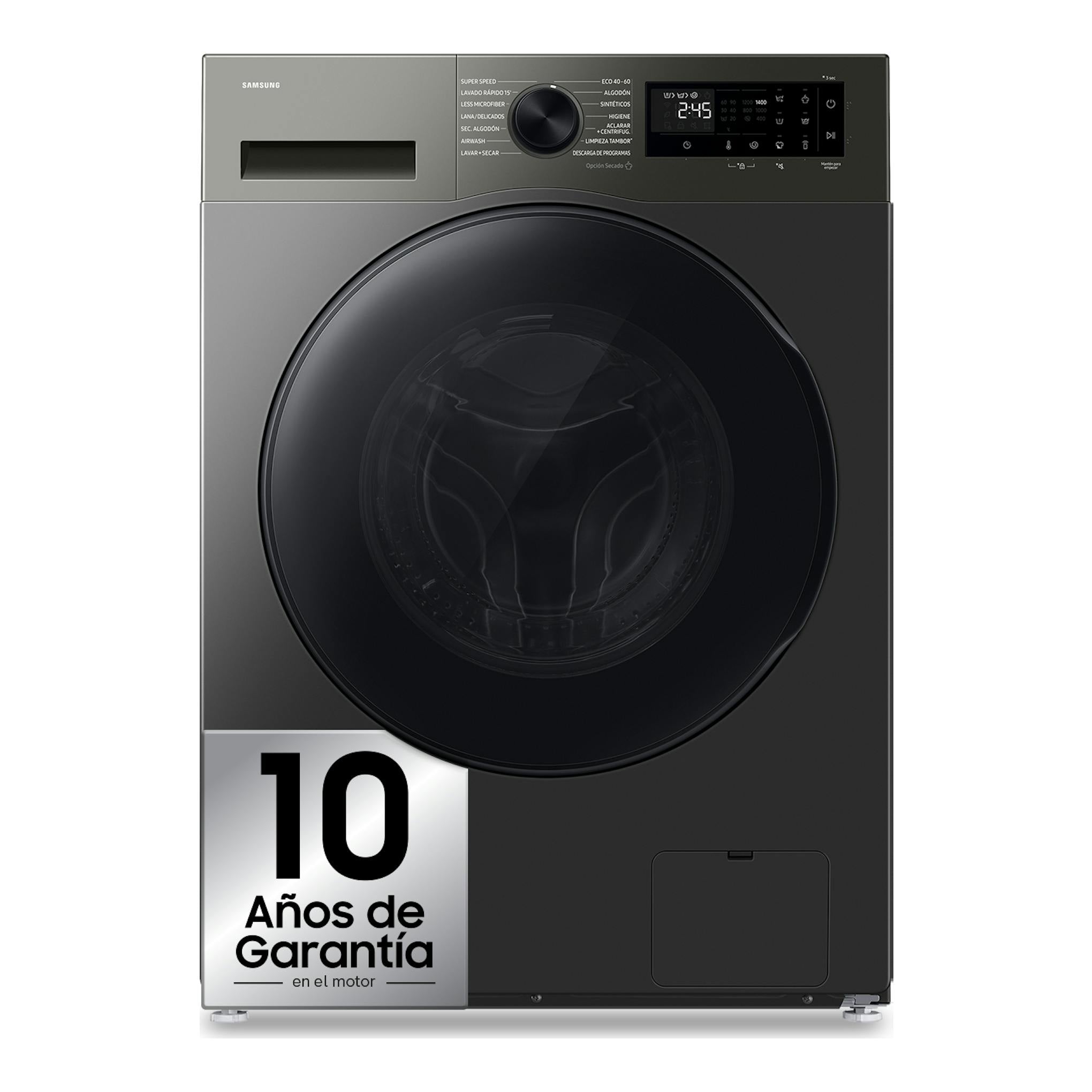 Lavasecadora Samsung WD90HG5U34BXEC, vista frontal, gris oscuro y negro, con puerta circular y panel digital.