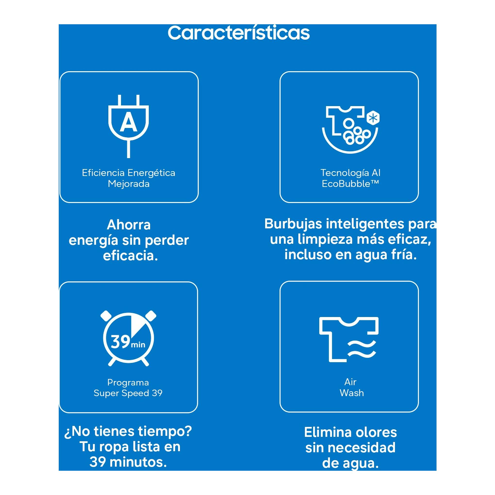 Infografía azul de la lavasecadora Samsung WD90HG5U34BXEC con iconos de eficiencia, EcoBubble, Super Speed 39 y Air Wash.