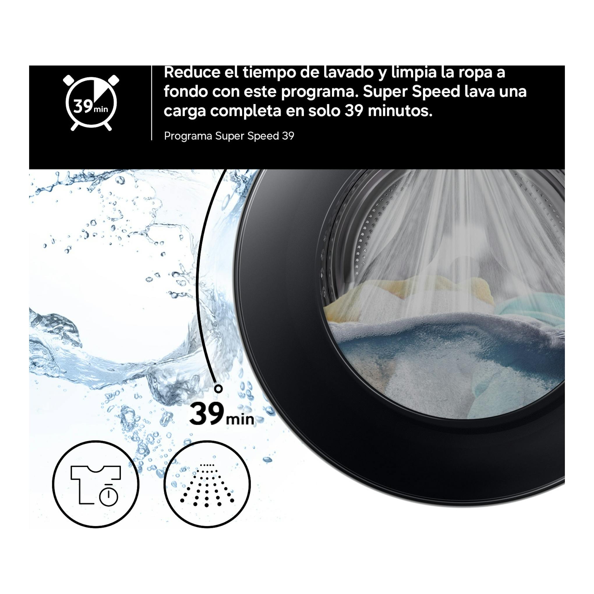 Samsung WD90HG5U34BXEC, lavasecadora frontal negra, con programa Super Speed 39 y ropa dentro del tambor.