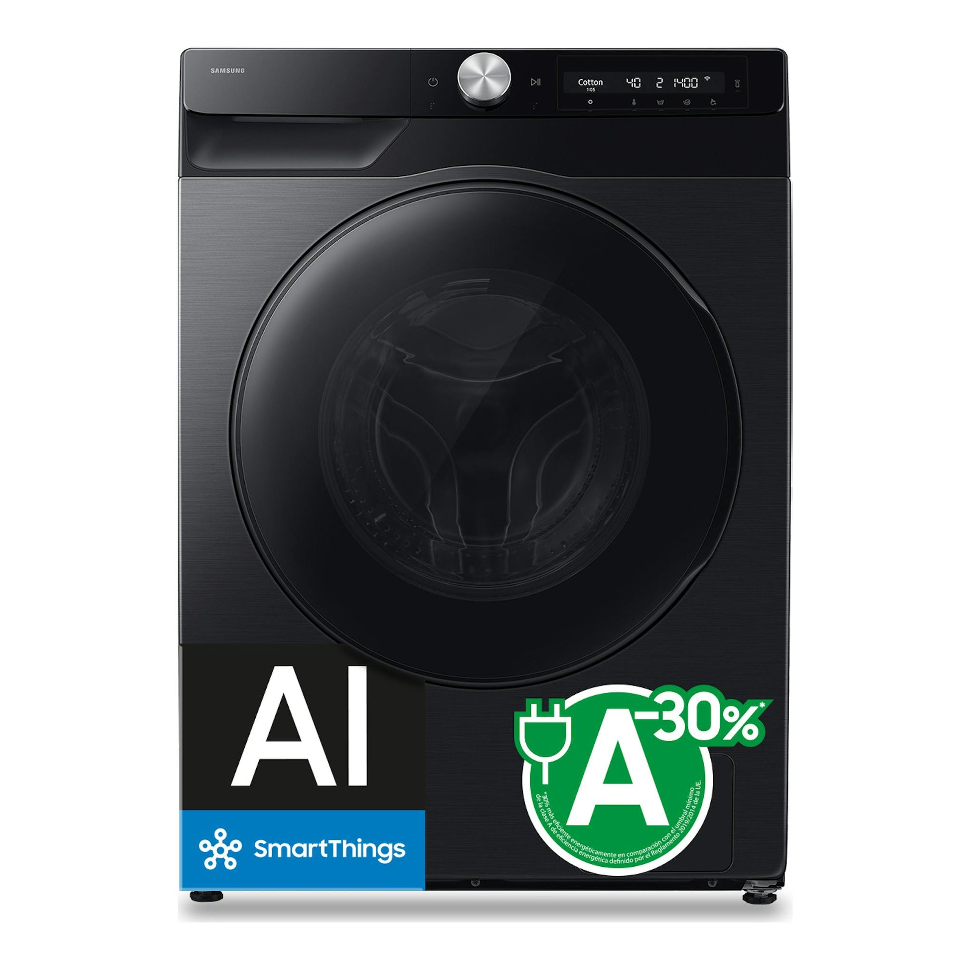 Lavasecadora Samsung WD90HG6U94BBU3 negra, vista frontal, con puerta circular y panel digital superior.