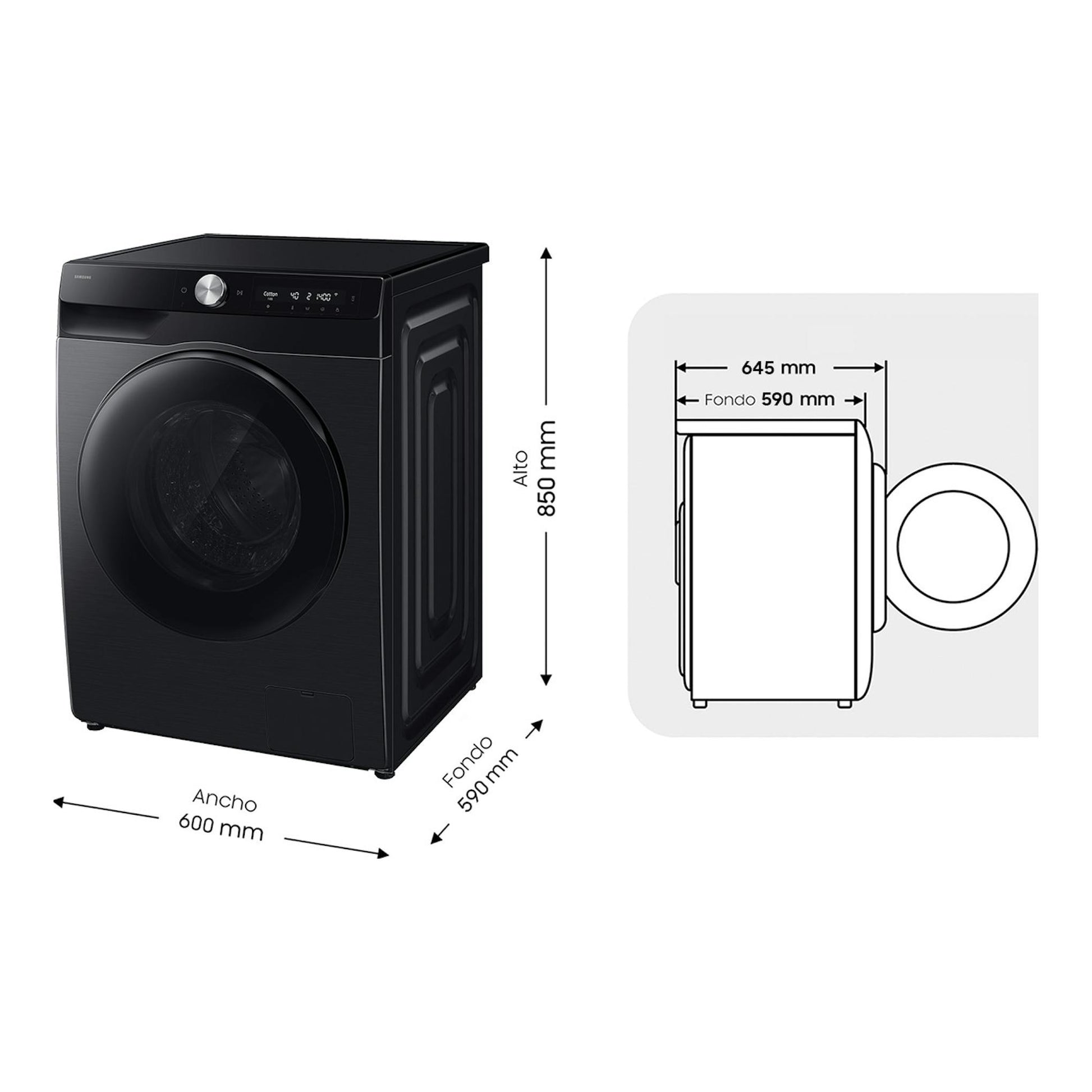 Lavasecadora Samsung WD90HG6U94BBU3 negra, vista frontal y lateral, con medidas 600 x 850 x 590 mm.
