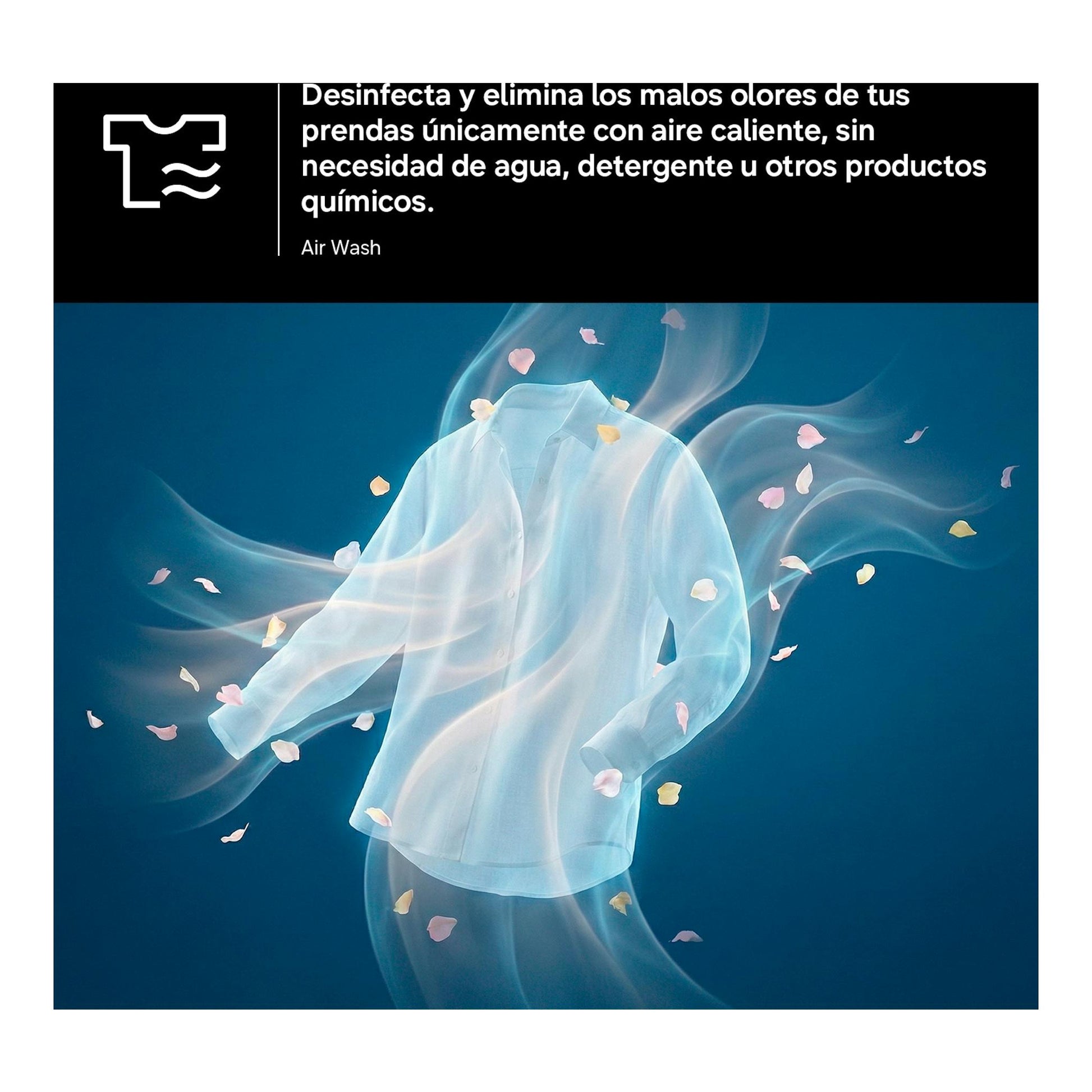 Samsung WD90HG6U94BBU3: gráfico de Air Wash con camisa blanca flotando sobre fondo azul.
